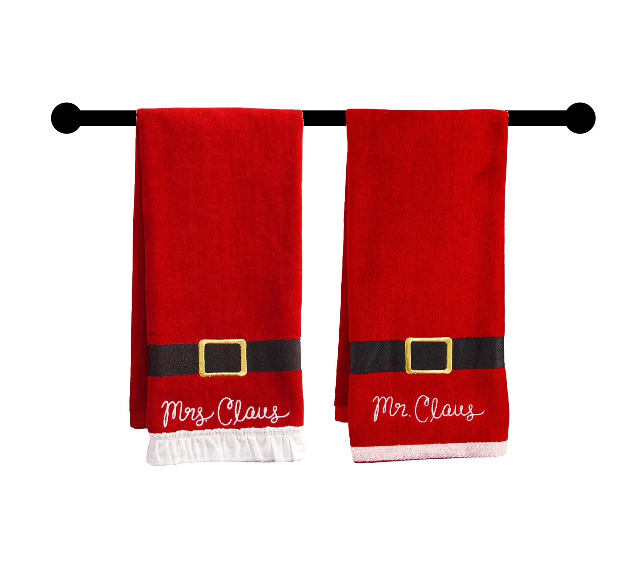 St. Nicholas Square Christmas Towels, Red Bath Hand Towel Set Of 2, Mr. & Mrs. Claus With Santa Belt Decorative Design 25 X 16 I