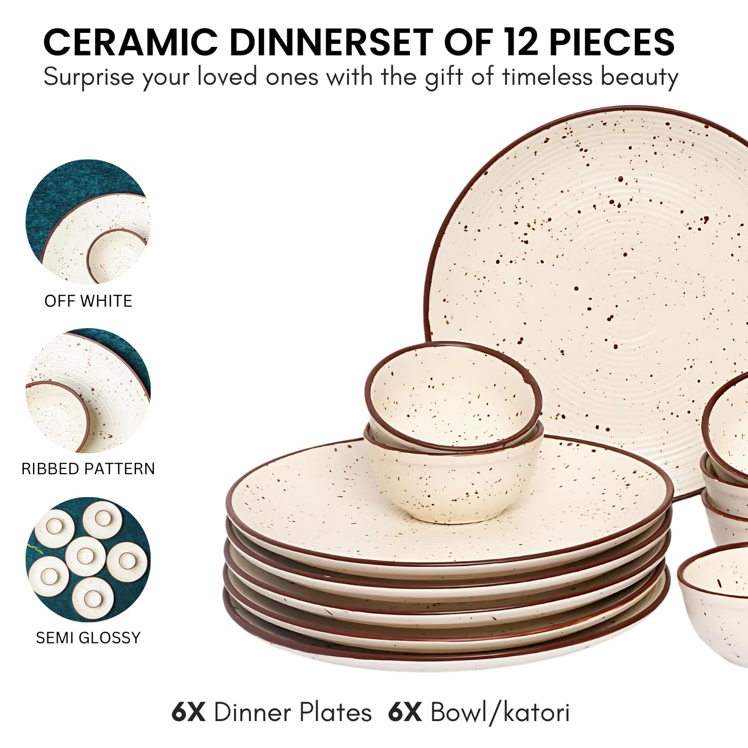 Yourowndcor Sophisticated Ceramic Floral Dinnerware Collection Set Of 12 Pieces (6 Plates 10.6 Inch, 6 Bowls/Katori 4.3 Inch) |