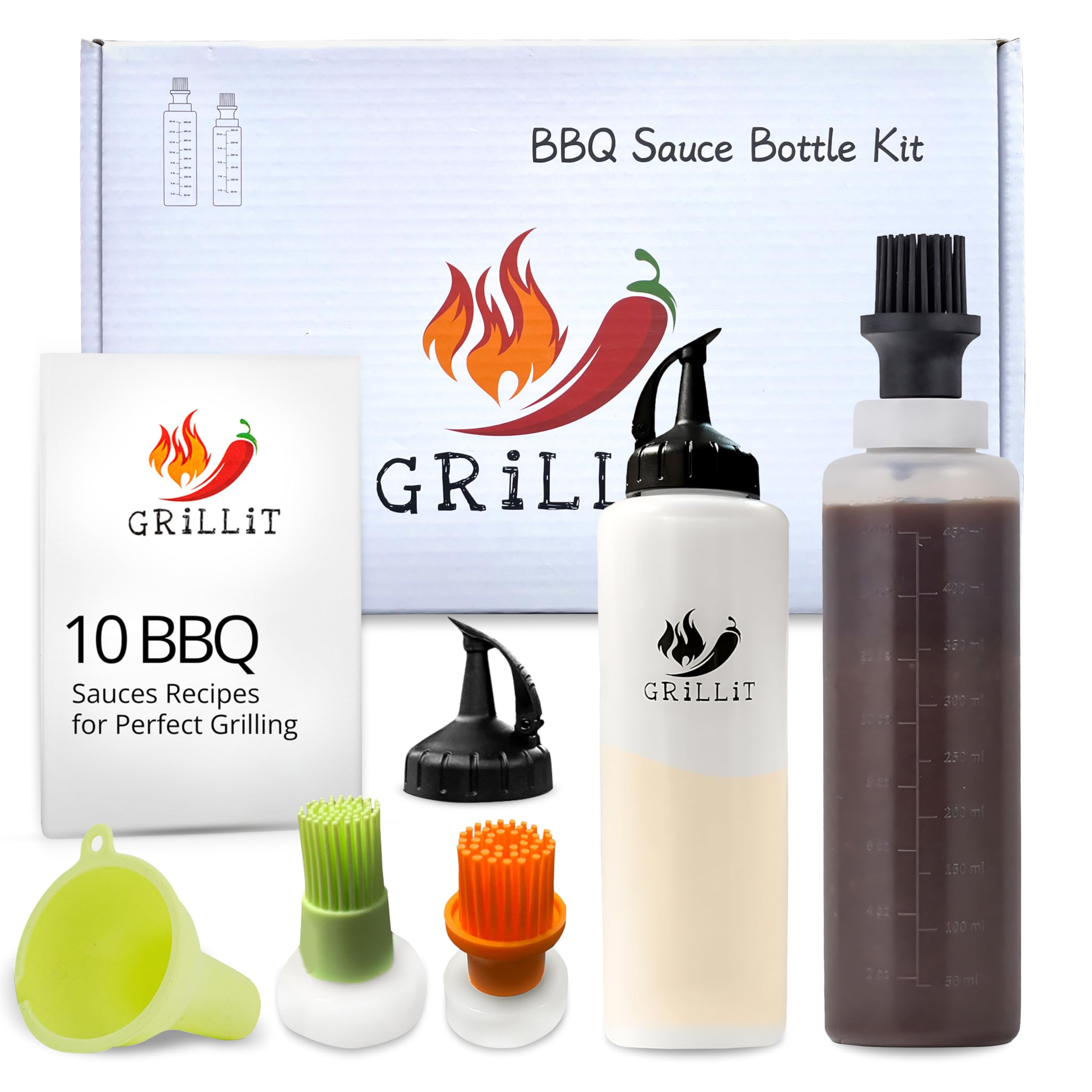 Sauce Basting Bottle Set For Grilling With 3 Silicone Bbq Basting Brush Caps & 2 Squeeze Caps - Squeeze Bottles For Sauces With