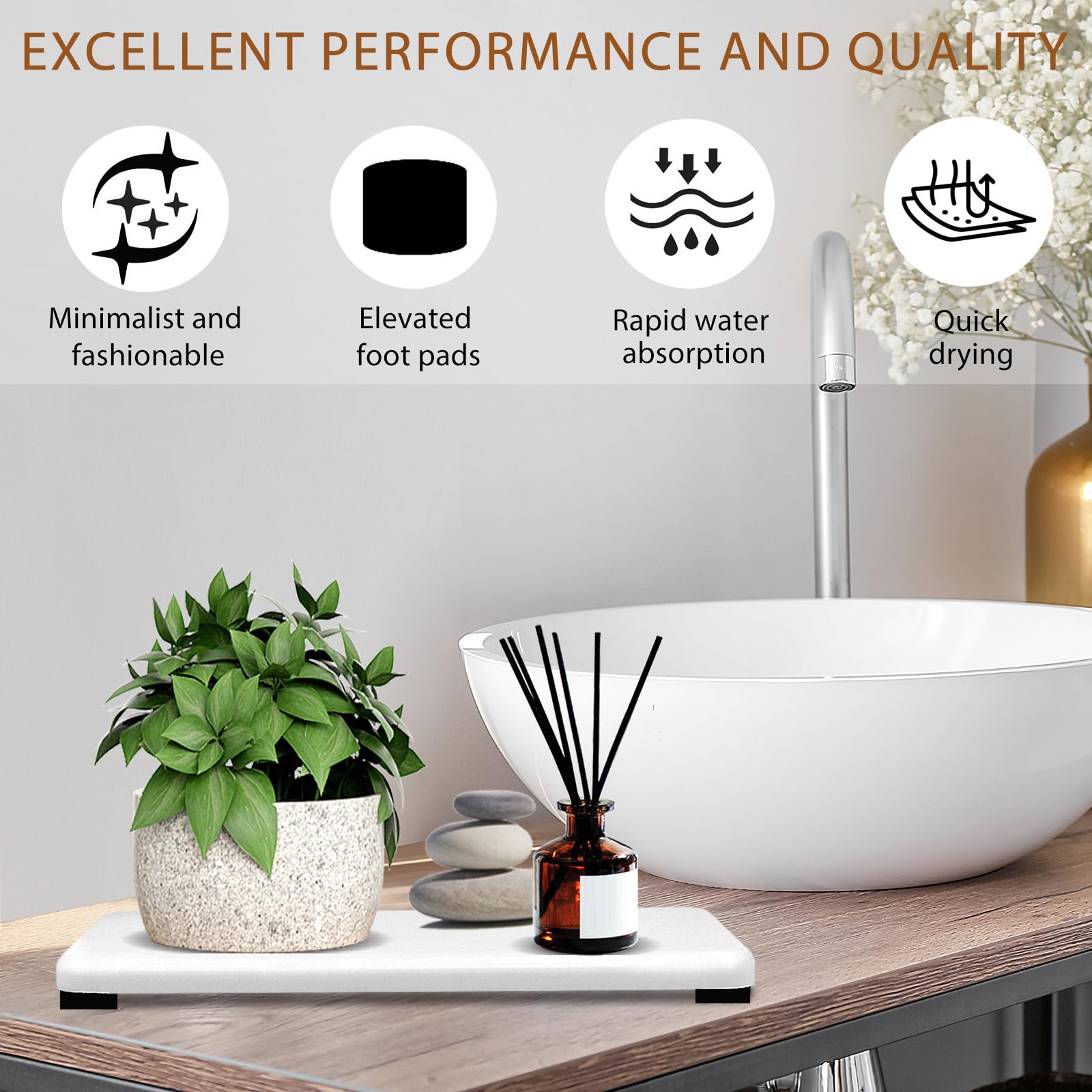 4Pcs Water Absorbing Stone Tray, Quick Drying Diatomite Stone Sink Tray, Water Absorbent Stone Coasters For Bathroom Counter, Ki