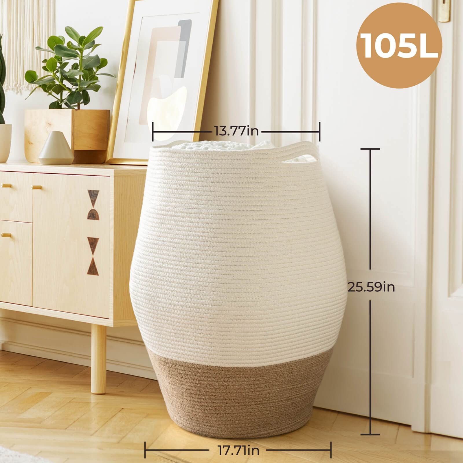 Goodpick Large Laundry Hamper | Tall Wicker Hamper Laundry Basket  Soft Cotton Rope Woven Hamper  Farmhouse Design Graceful Curve Basket 25.6 Inches Height