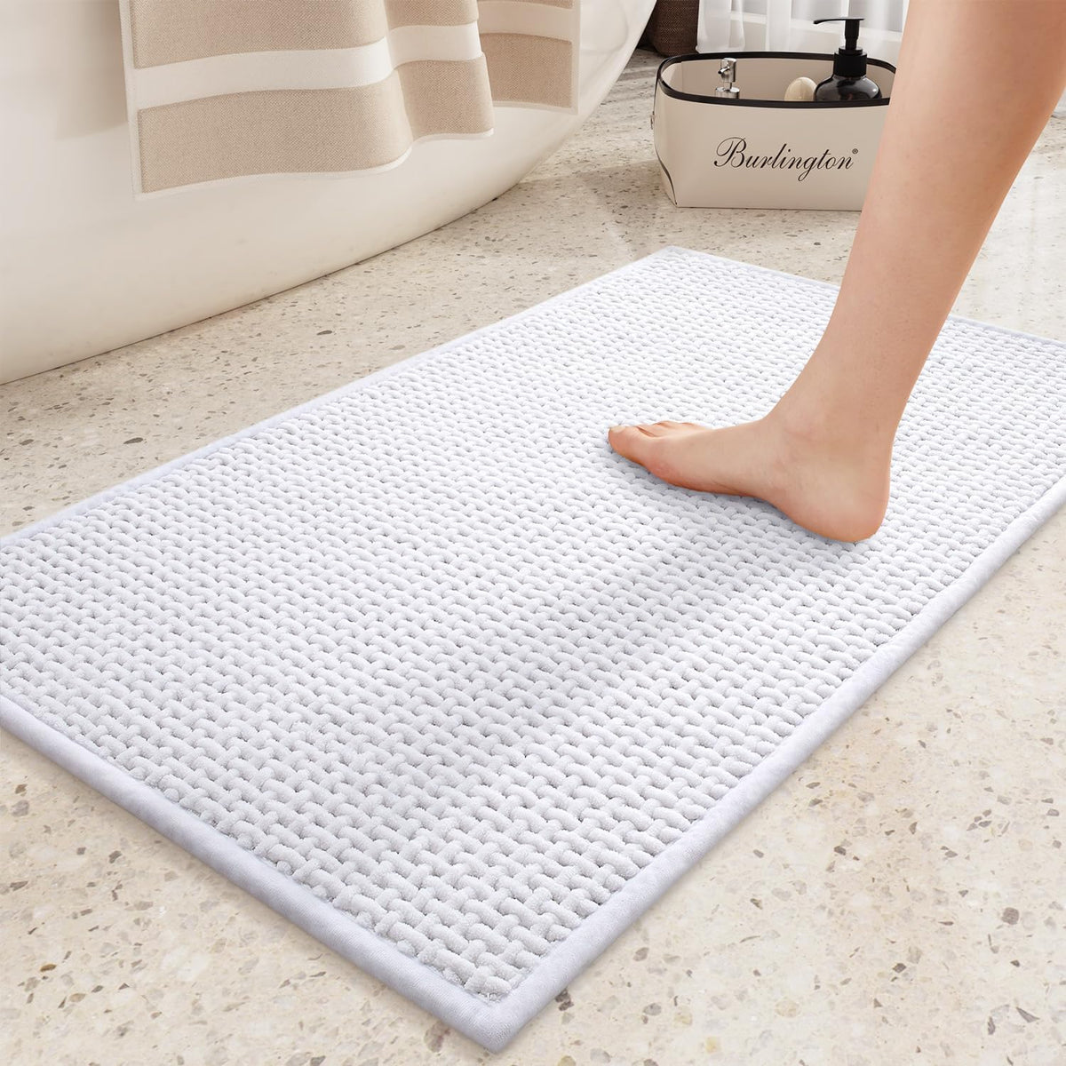 Color&Geometry Chenille Rubber Backed White Bathroom Runner- Non Slip, Absorbent, Quick Dry, Washable- 17''X47'' Long Bathroom R