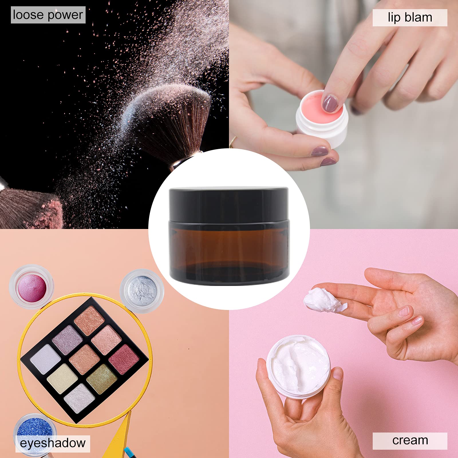 Bpfy 24 Pack 1 Oz Round Amber Glass Cosmetic Jars With Lids And Inner Liners, Travel Glass Jars, Refillable Cosmetic Containers