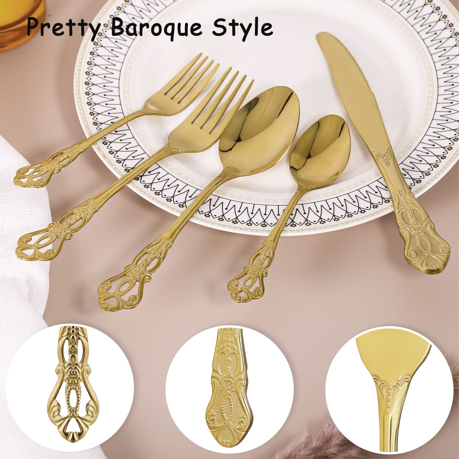 Gold Silverware Set For 4, Stainless Steel Gorgeous Retro Royal Flatware Set, 20-Pieces Cutlery Tableware Set, Kitchen Utensils