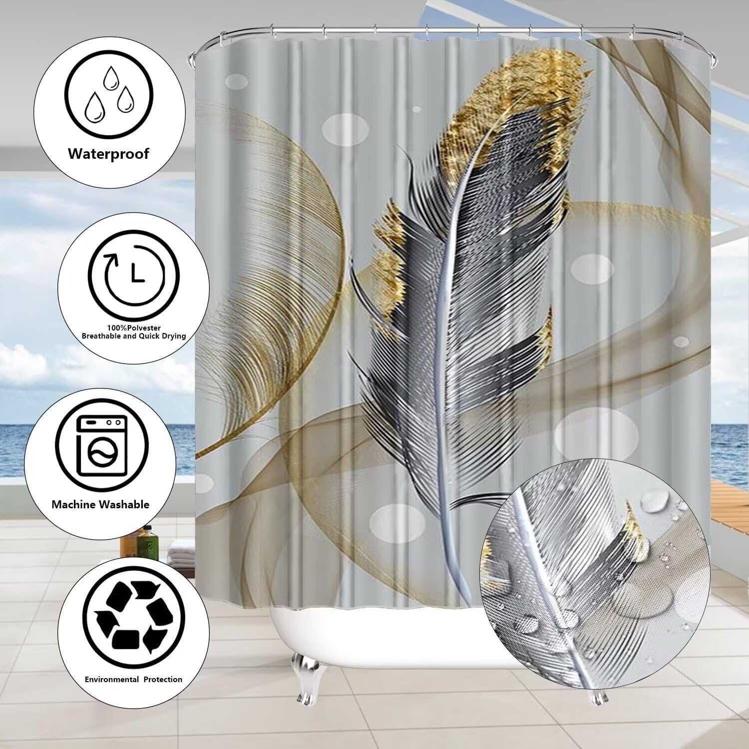 Ddqq 4Pcs Abstract Bubble And Feathers Shower Curtain Set Gray And Golden Bathroom Sets Shower Curtain With 12 Hooks Bathroom De