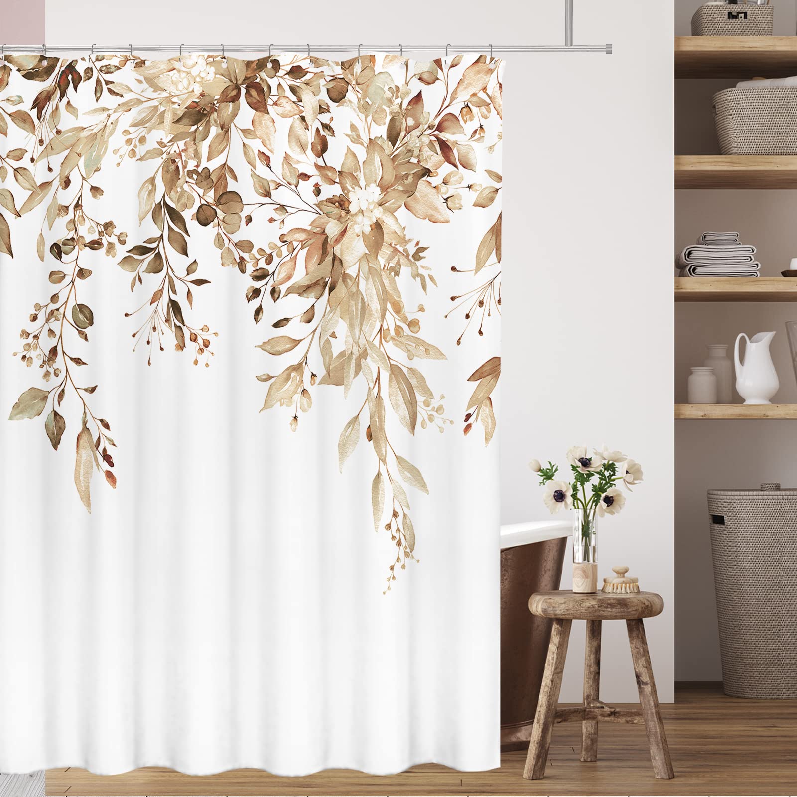 Tititex Tan Eucalyptus Shower Curtain Sets, Watercolor Light Brown Leaves On The Top Plant With Floral Bathroom Decoration 72X84
