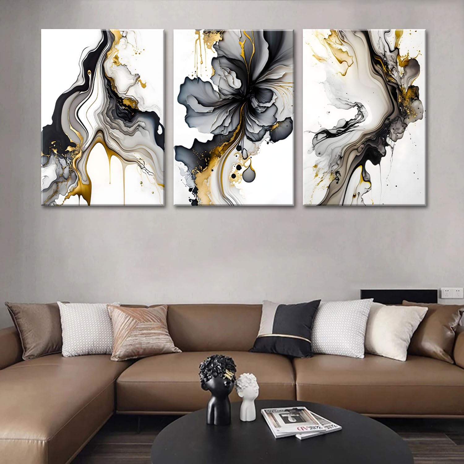 3Pcs Framed Black And Gold Abstract Wall Art, Modern Grey And Gold Marble Fluid Canvas Wall Art Prints Posters Wall Decor Pictur