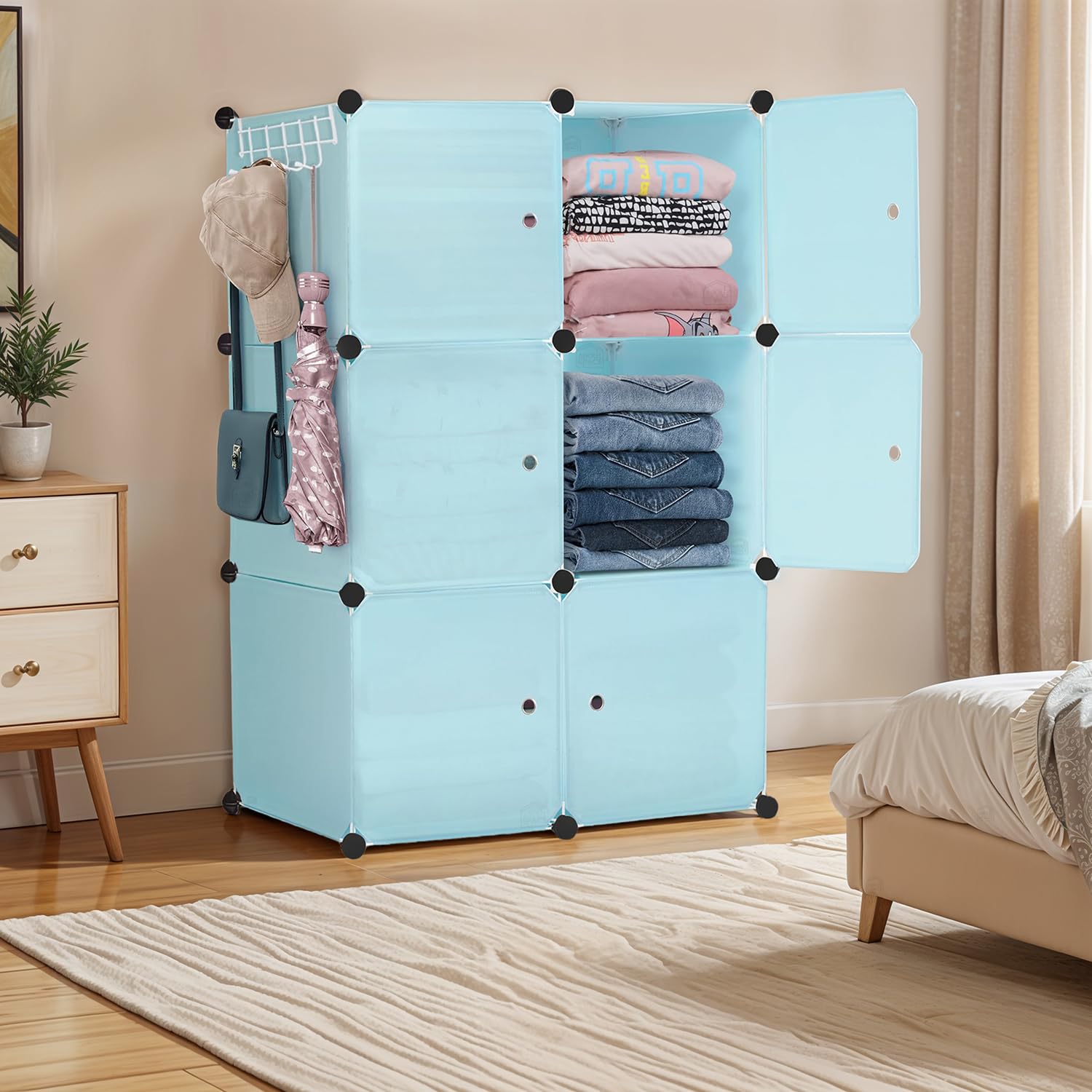 About Space Collapsible Wardrobe - Diy 6 Cube Plastic Almirah For Clothes With Side Hanger, Door Magnet & Hamer- Foldable Wardro