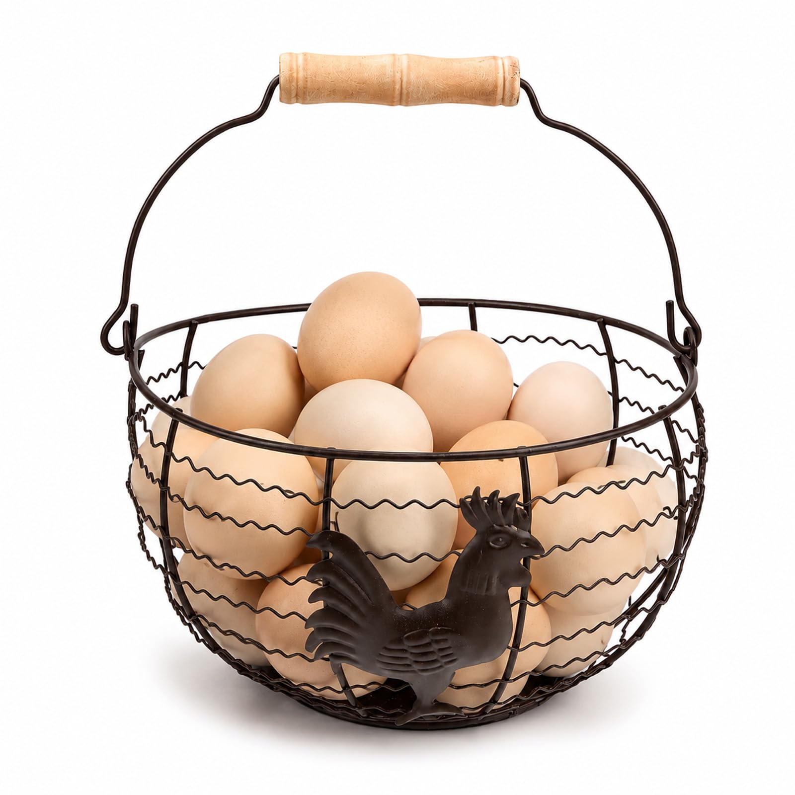 Farmhouse Egg Basket for Gathering Fresh Eggs, 8 Wire Egg Basket with Wooden Handle, Holds Up to 3040 Eggs, Rooster Pattern, 