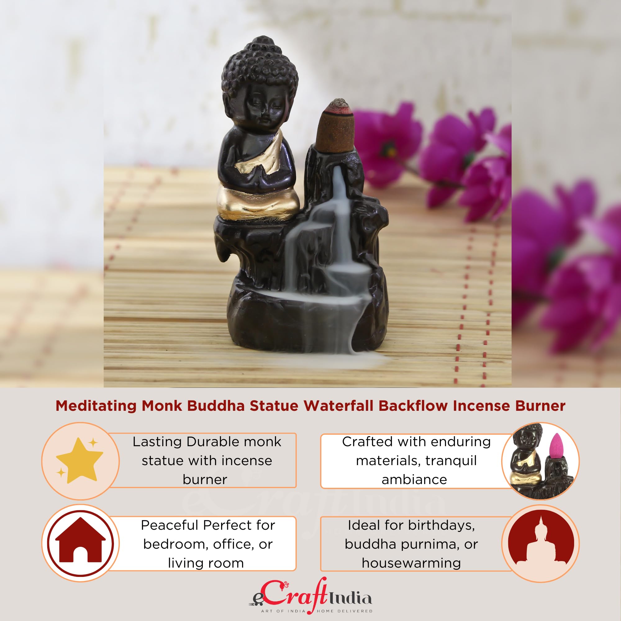 eCraftIndia Black Golden Meditating Monk Buddha Statue Smoke Backflow Incense Holder with Incense Cones Showpiece for Home Decor