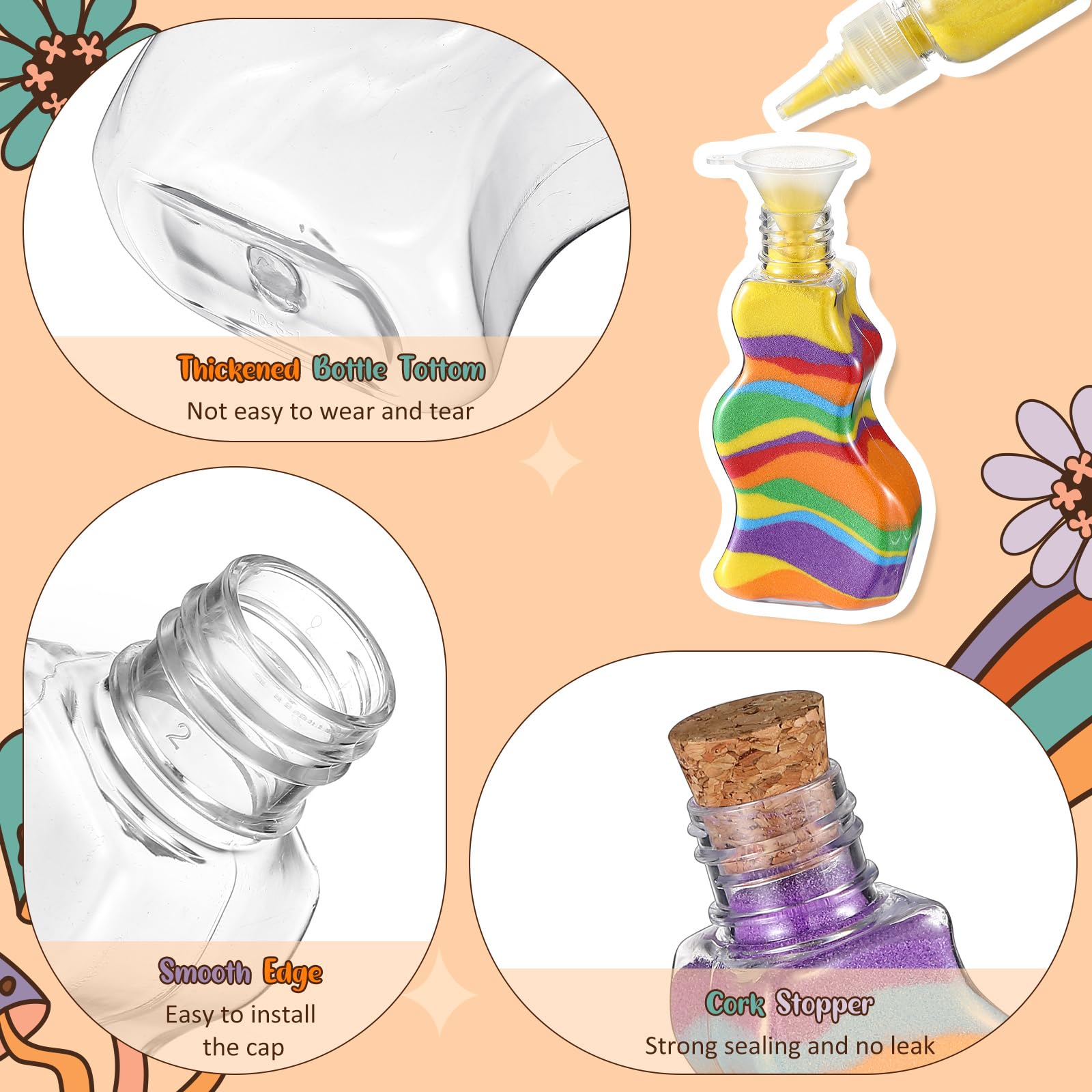 Nuenen Plastic Sand Art Bottles with Corks Wave Shaped Sand Art Transparent Containers with Mini Funnels for Wedding Invitations