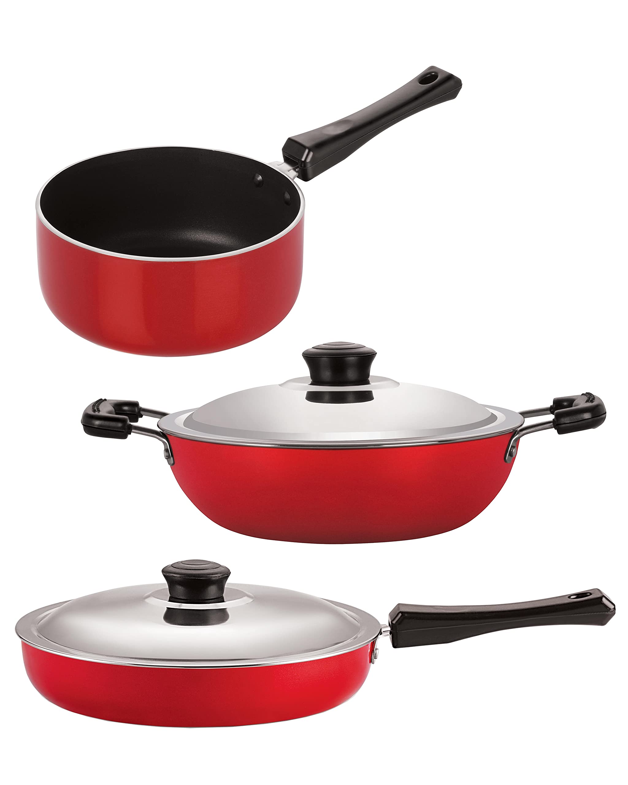 Nirlon Kitchenware Non Stick Cookware Set Fry Pan With Stainless Steel Lid 2 Liter, Deep Kadai With Lid Big 2.6 Liter, Sauce Pan