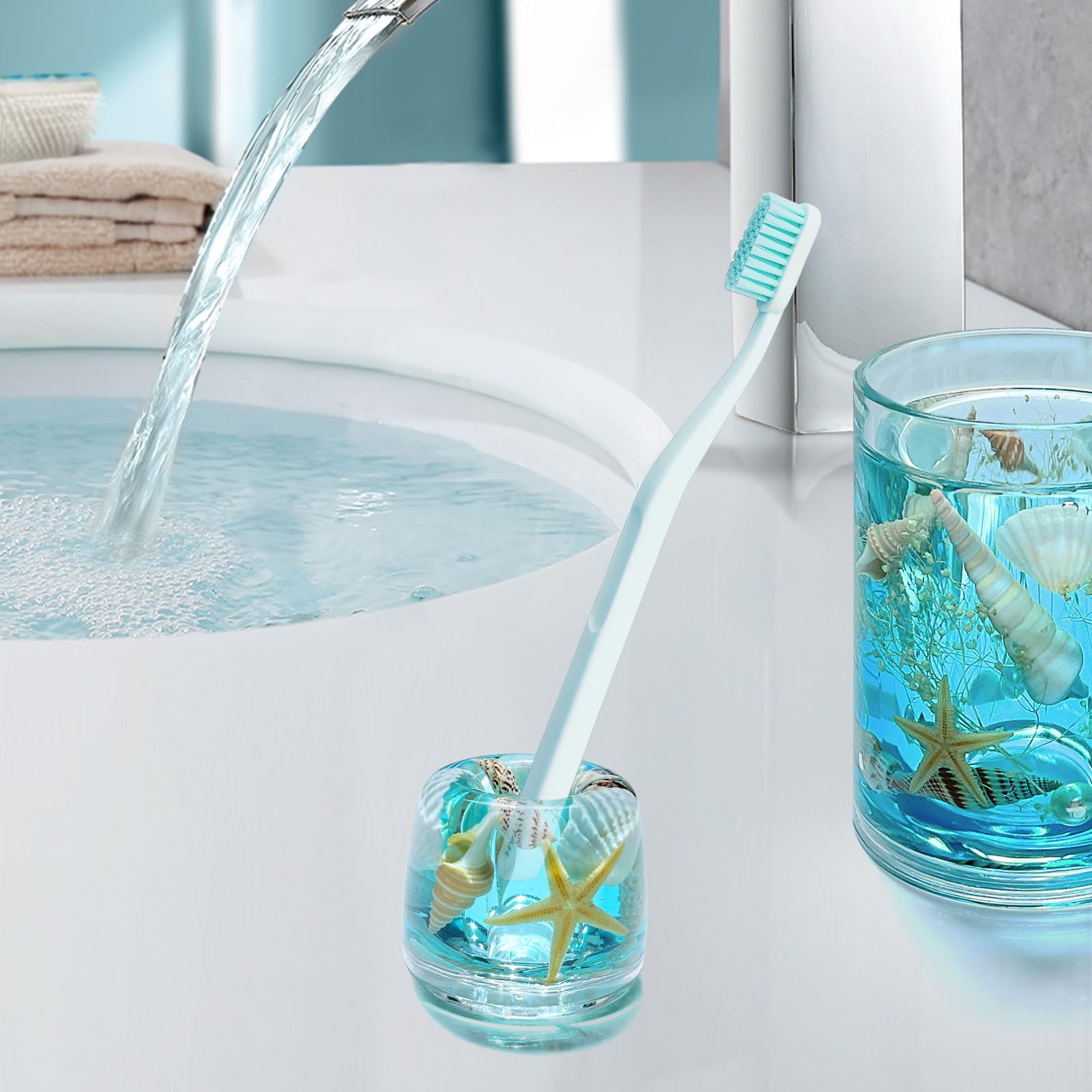 Fonmy Mini Couple Toothbrush Holder Stand-Acrylic W/Nature Seashell Handmade Seascape Razor Holders Organizer For Bathroom Vanit