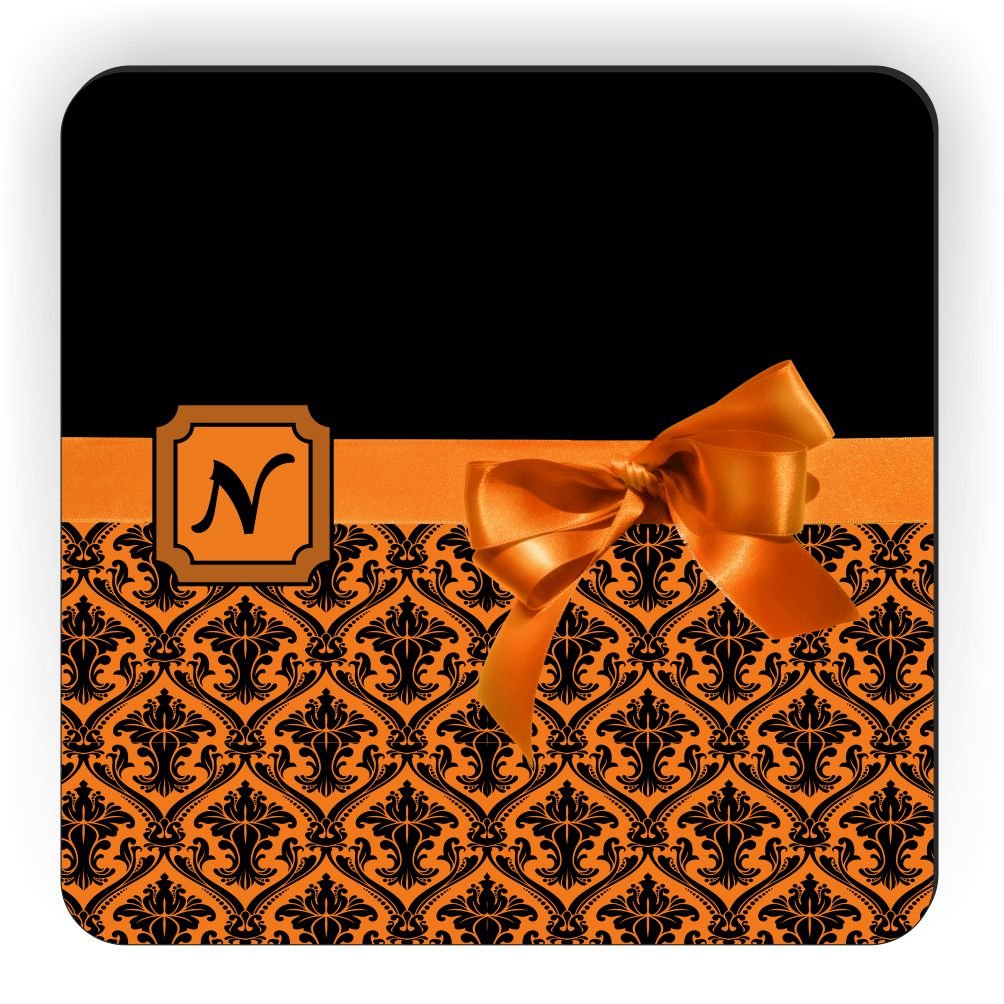 Rikki Knight Letter N Monogram Damask Bow Design Square Fridge Magnet, Orange