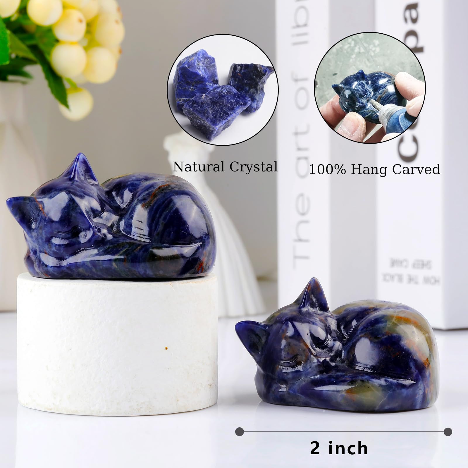 Ytbeoxk 2 Inch Blue Sodalite Cat Crystal Statue, Healing Crystal Cat Decorations,Polished Hand Carved Obsidian Lucky Cute Kitten