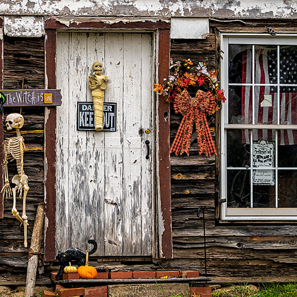 Buffalo Plaid Halloween Bow - Large Black & Orange Spider Web Bat Tree Topper - Gift Bows for Party & Home Decoration