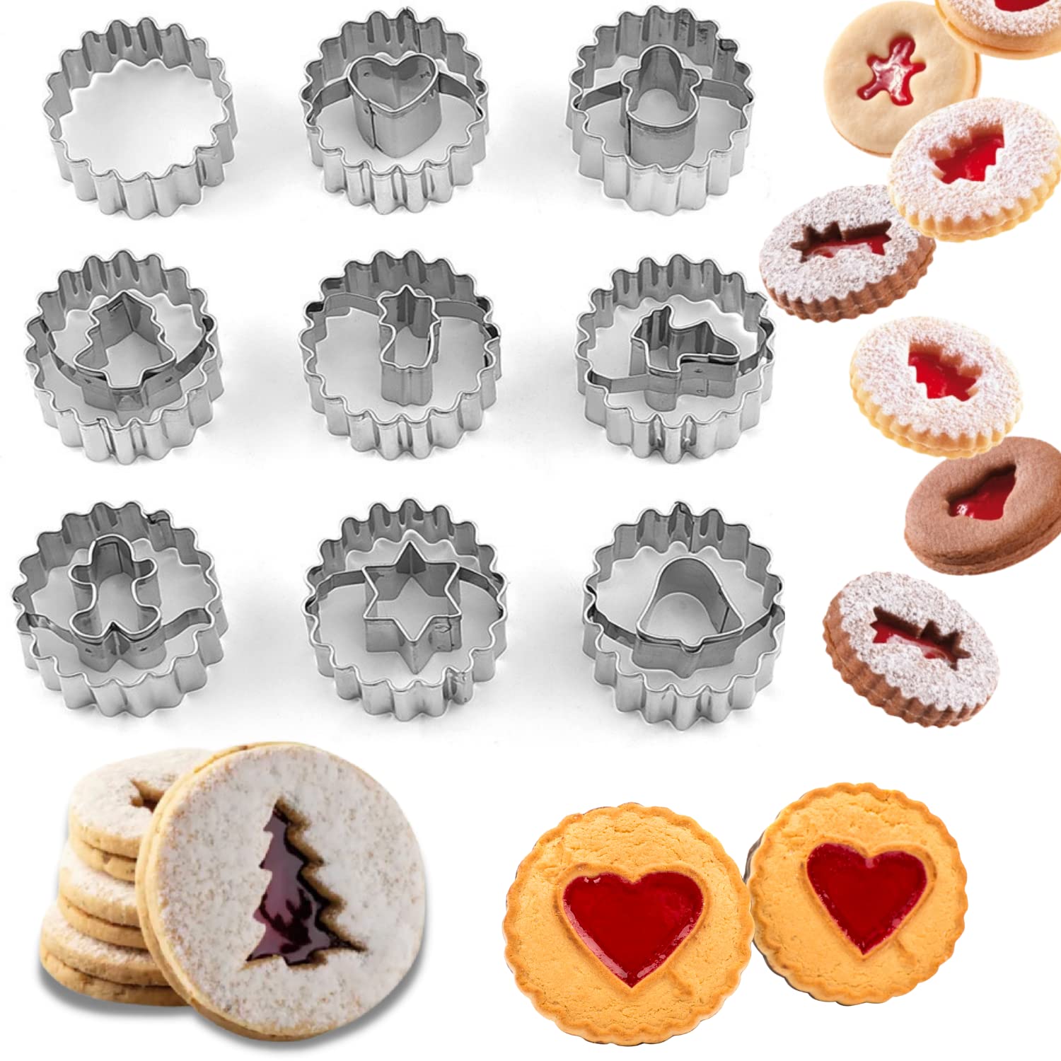 Crethinkaty 9 Pcs Mini Linzer Cookie Cutters Set, Stainless Steel - Christmas Tree, Gingerbread Man, Snowman, Elk for Winter Hol