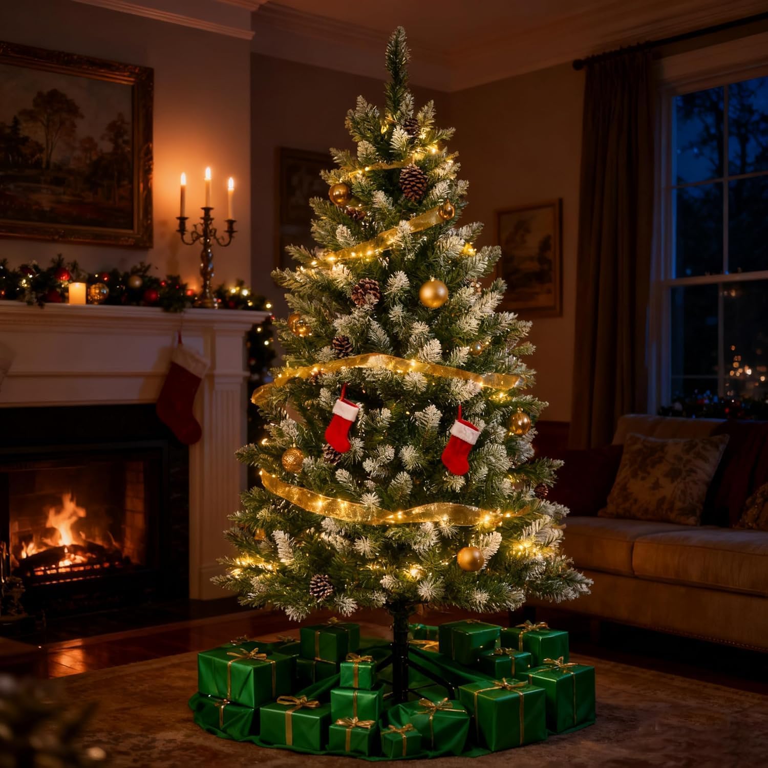 GAOMON 4.5 ft Pre-Lit Christmas Tree with Pine Cones & 150 LEDs & 352 Tips - Hinged Stand PVC Holiday Trees Decor for Home/Offic