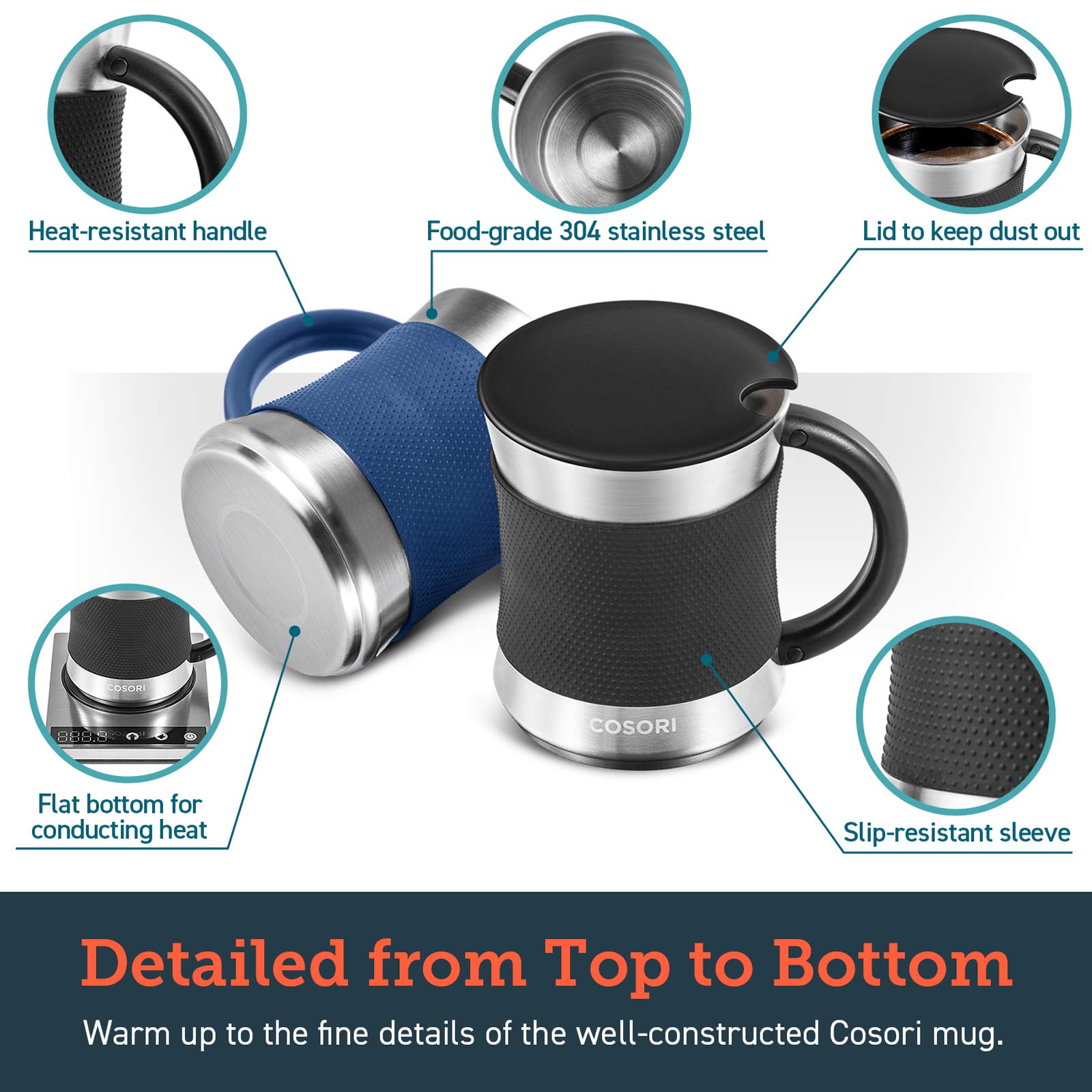 COSORI Coffee Mug with Lids Set of 2  Stainless Steel Cups with Heat-resistant Handle & Slip-resistant Sleeve  17 oz  Best Match w/Mug Warmer  for Coffee Tea Water Cocoa  Milk  C1601-CM  Black & Blue