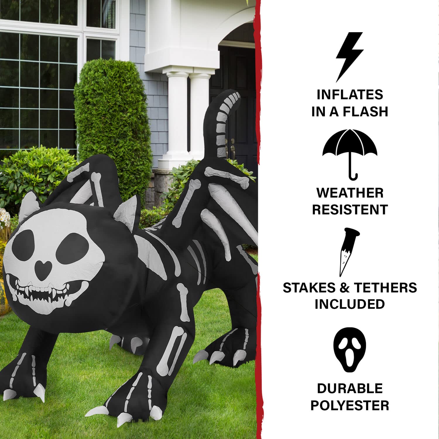 Haunted Hill Farm 5.9-ft. Wide Skeleton Cat Blow Up with Lights, Halloween Inflatable Outdoor Decorations for Patio and Yard, Gi
