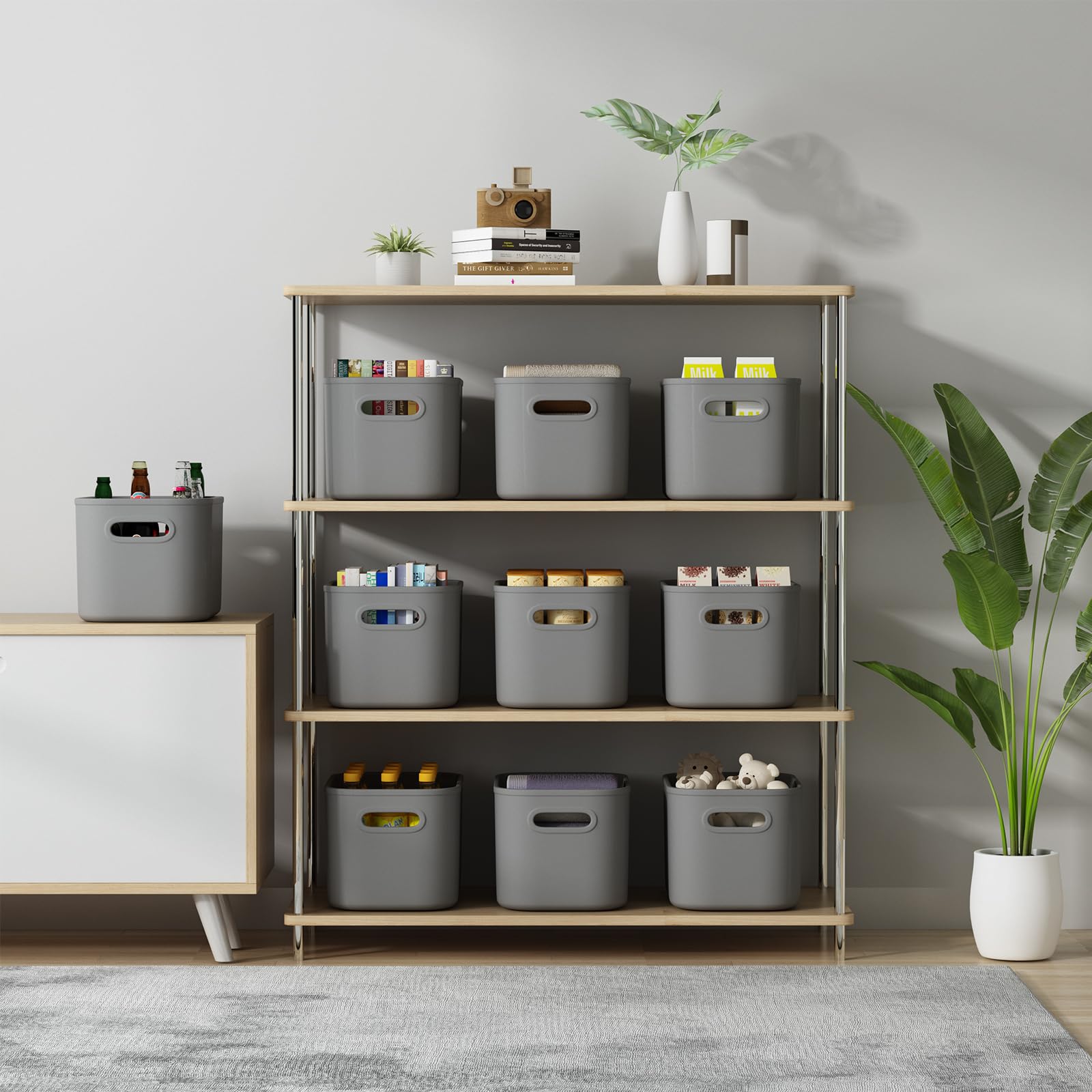 Orgidol 6 Pack Grey Storage Bins With Lids Stackable Storage Container For Organizing, Storage Boxes With Handle For Shelves, Cu