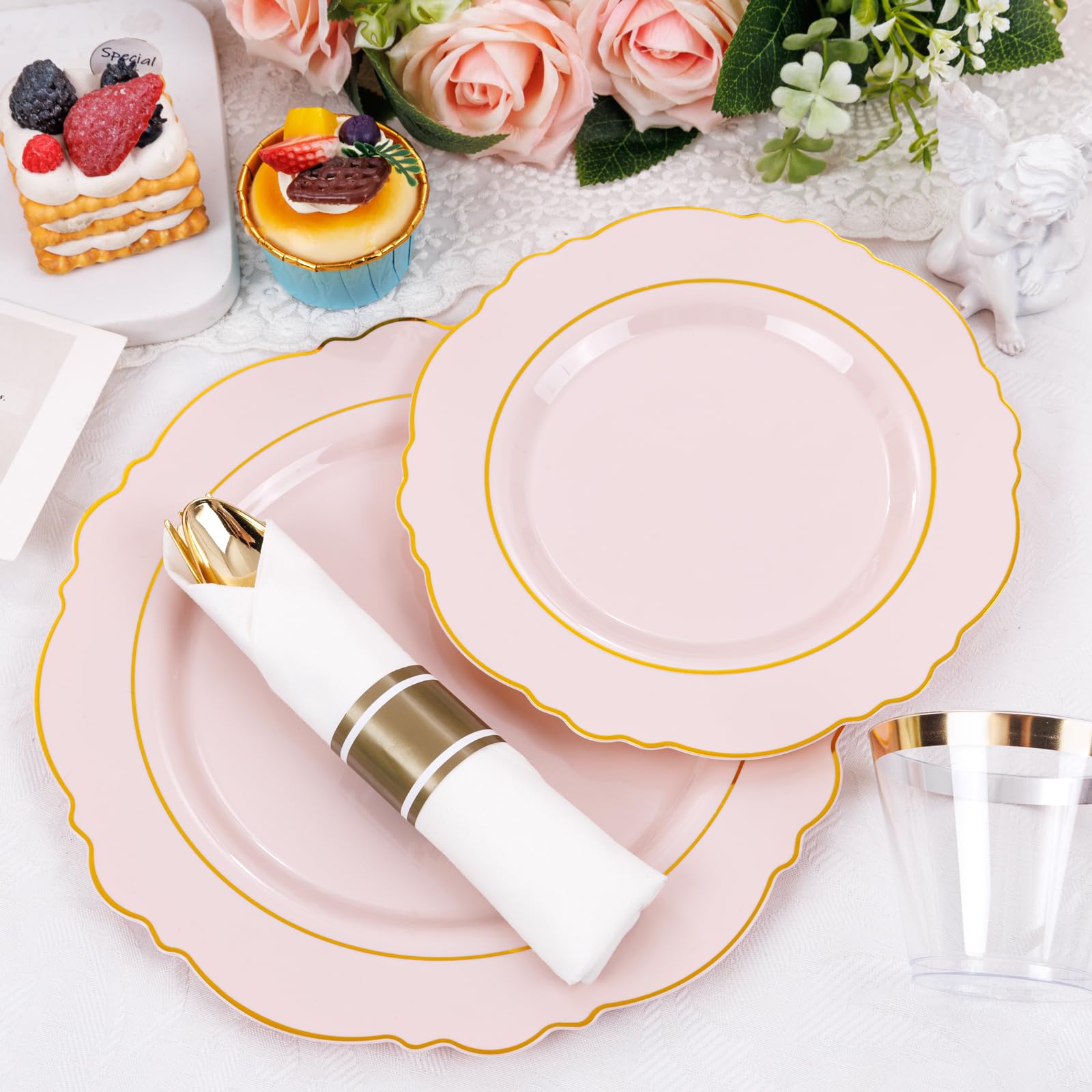 Liacere 350Pcs Pink Plates Disposable - Pink And Gold Plates 50Guest Baroque Plastic Dinnerware Include 100Plates, 50Pack Pre Ro