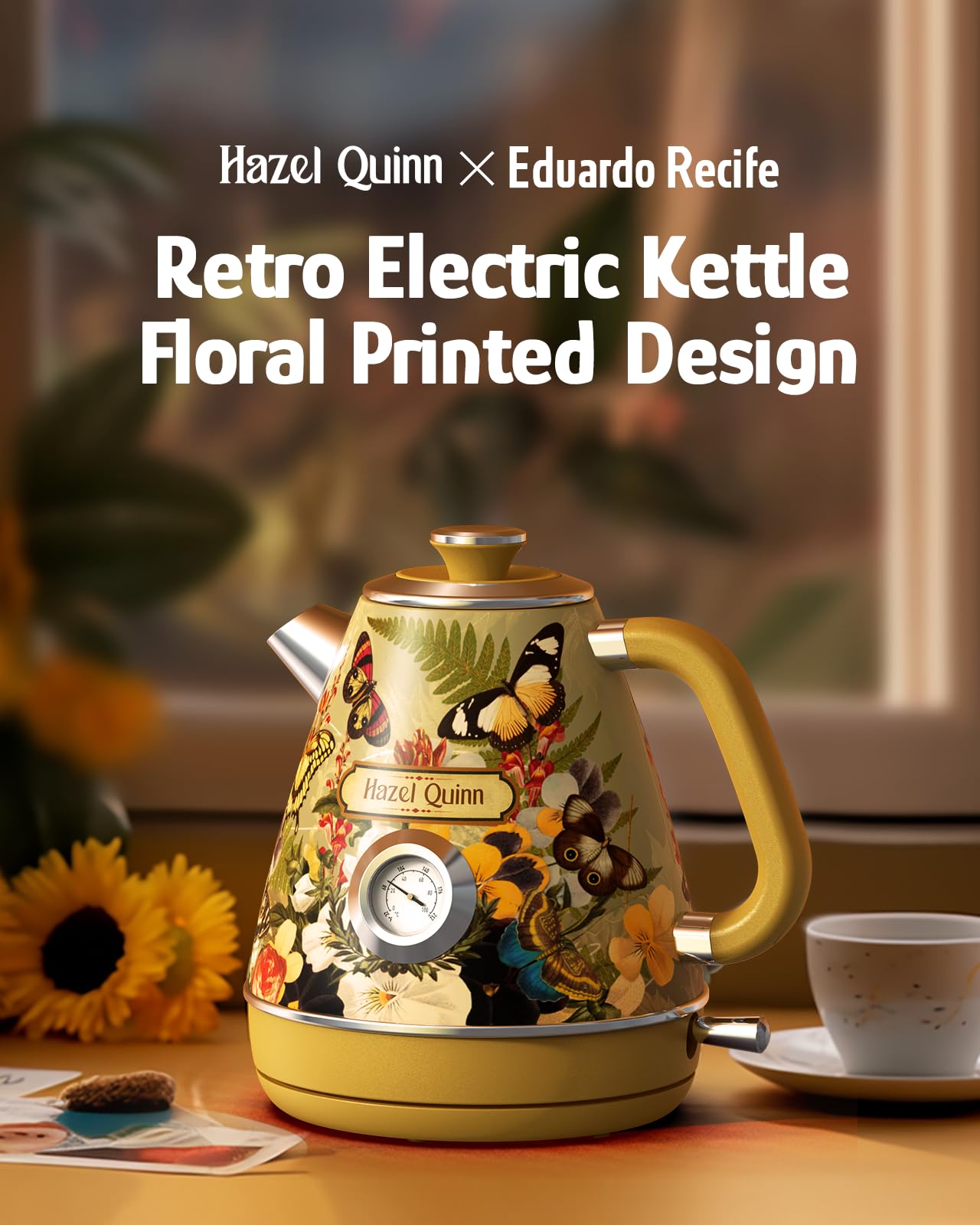 Hazel Quinn Retro Electric Kettle, 1.7L, Stainless Steel, Floral Design, 1200W, BPA-Free, Auto Shut-Off, Model XSH002