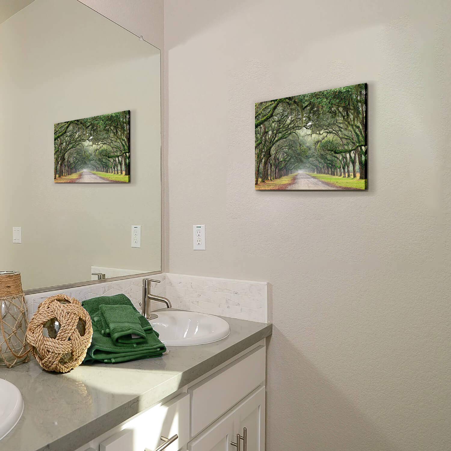 Oak Tree Canvas Wall Art: Green Landscape Artwork Forest Picture Painting Small Size For Bathroom (16 ' ' X 12 ' ' X 1 Panel)