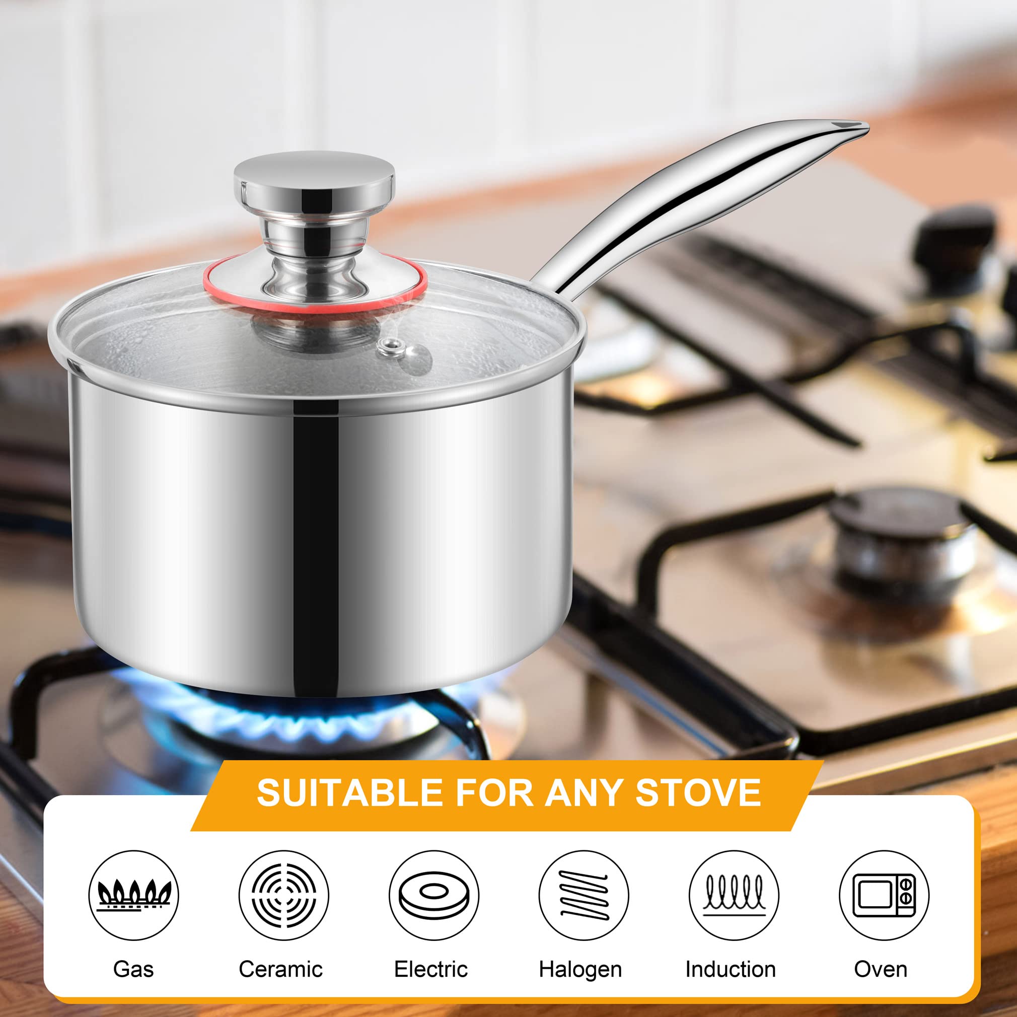 Lianyu 1Qt Saucepan, Tri-Ply 18/10 Stainless Steel Sauce Pan With Lid, 1 Quart Saucepan Cooking Pot For Pasta Soup, Small Induct