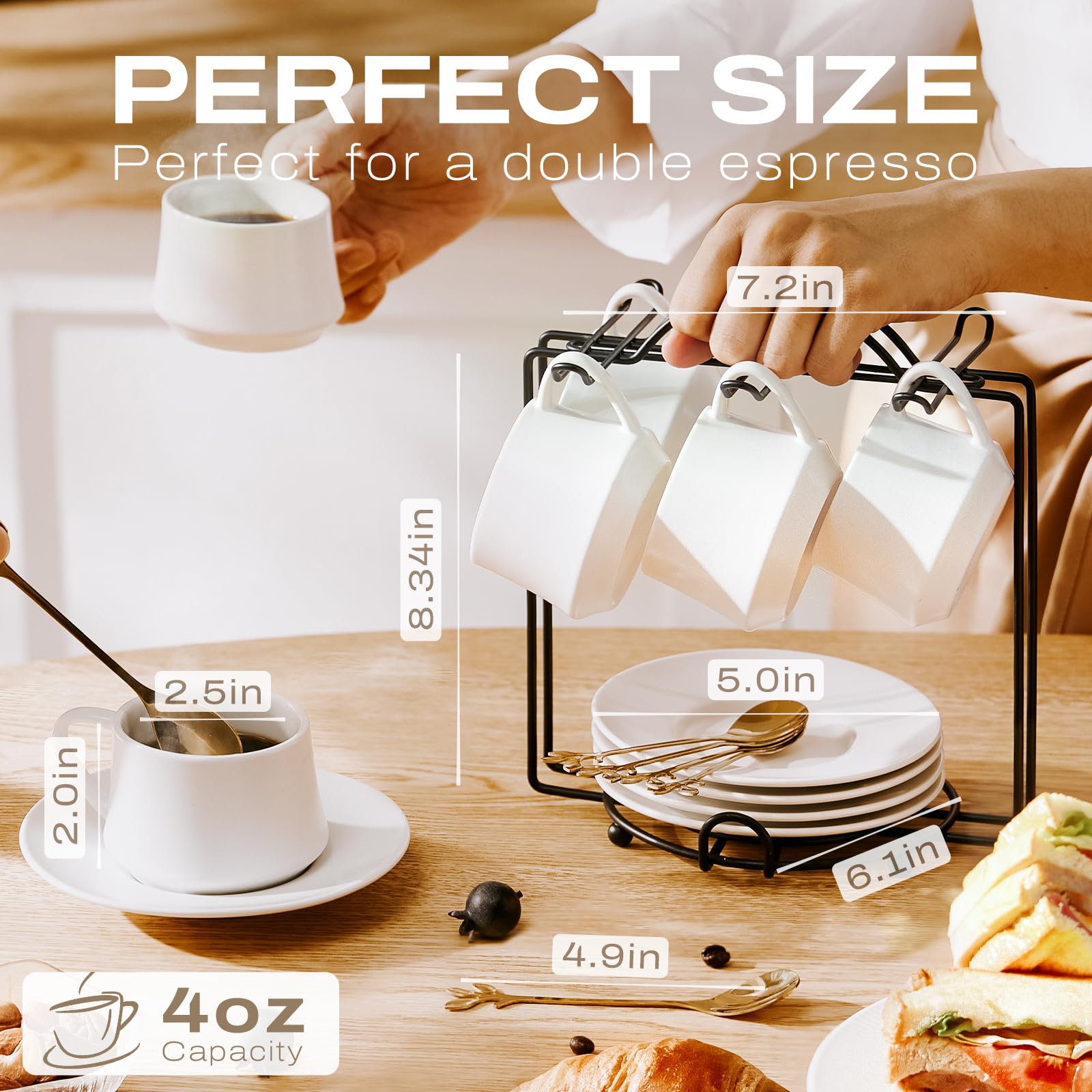 Lareina Espresso Cups With Saucers, Spoons And Metal Stand, Small 4 Oz Ceramic Cappuccino Coffee Cups Set Of 6, Cute Demitasse C