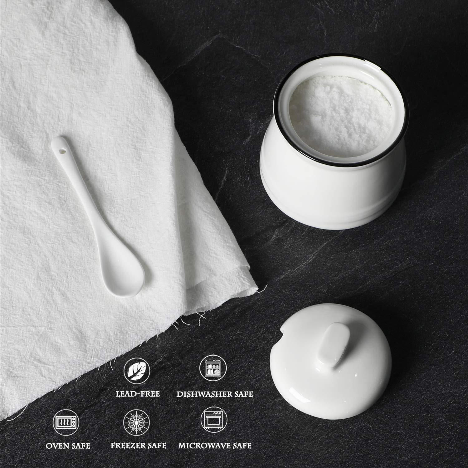 Porcelain Salt Bowl with Lid and Spoon Ceramic Sugar Bowl 12oz (White)