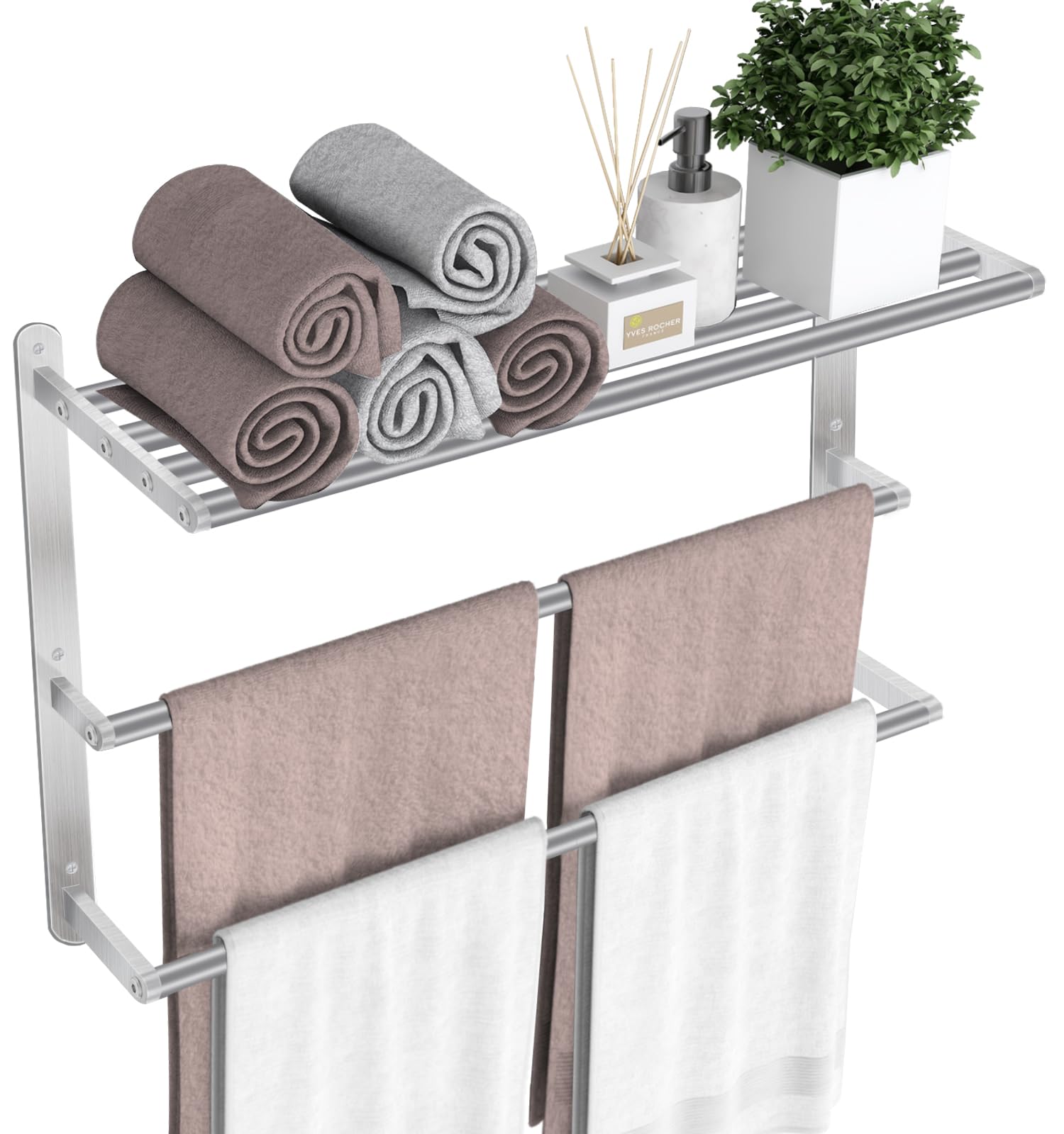 Votzaaq Towel Racks For Bathroom, 24 In Towel Shelf With Double Towel Bar, Stainless Steel Towel Storage For Lavatory Wall Mount
