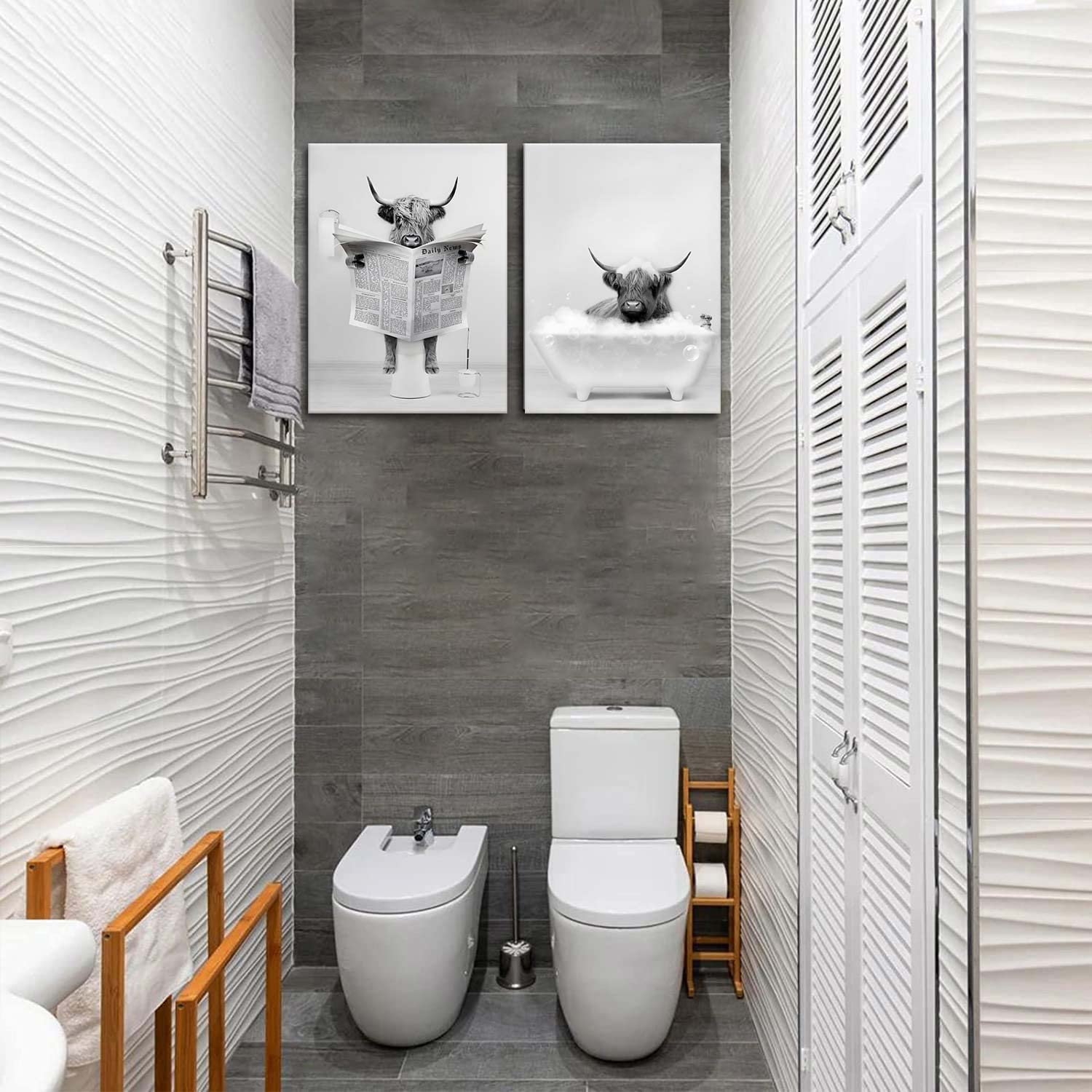 Framed 2 Pieces Bathroom Wall Art Funny Highland Cow Canvas Cow In Bathtub Prints Cute Animal Abstract Prints Modern Home D  Cor