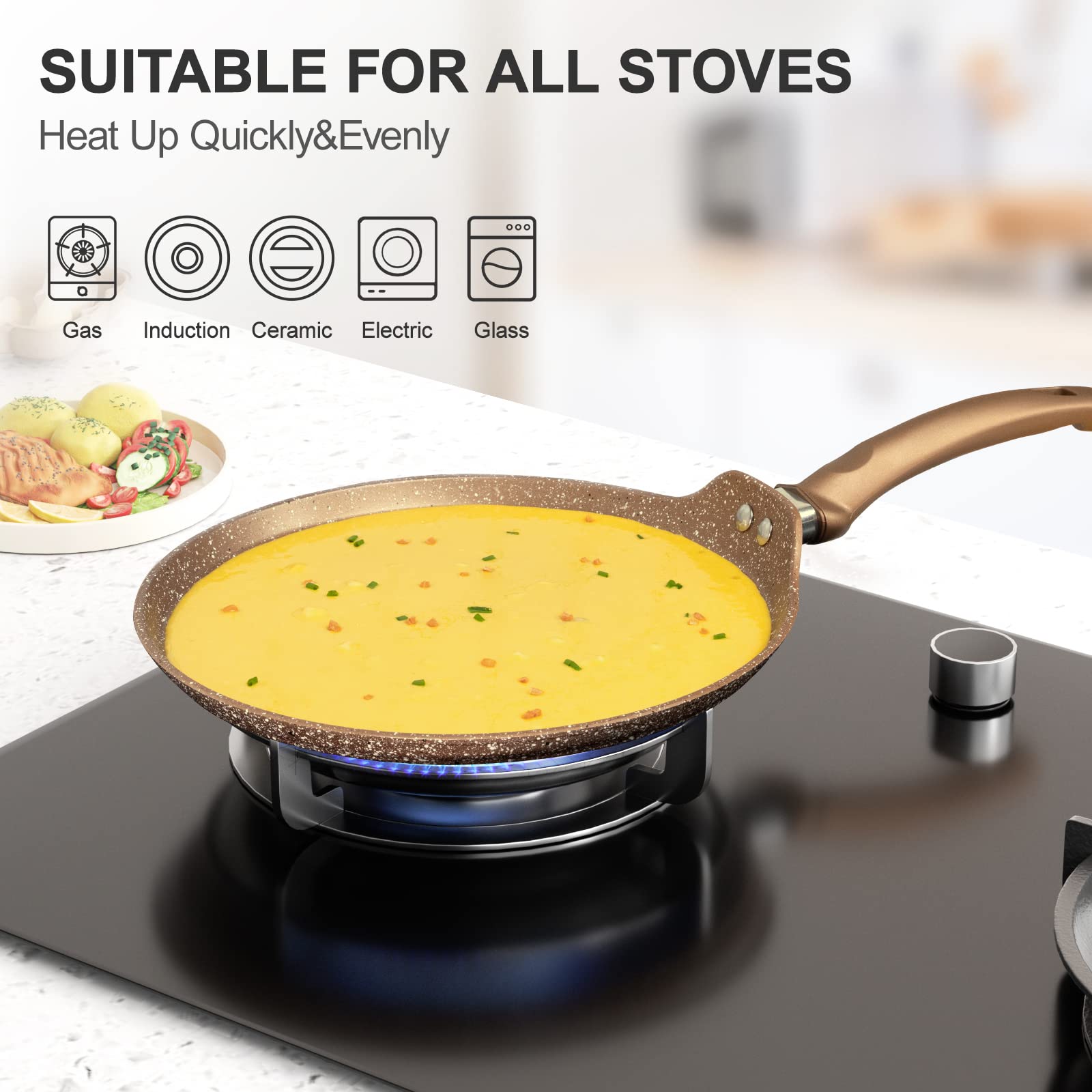 Innerwell 11 Inch Nonstick Crepe Pan, Granite Coating Flat Skillet Dosa Tawa Tortilla Pan, Large Pancake Griddle Comal Pan, Comp