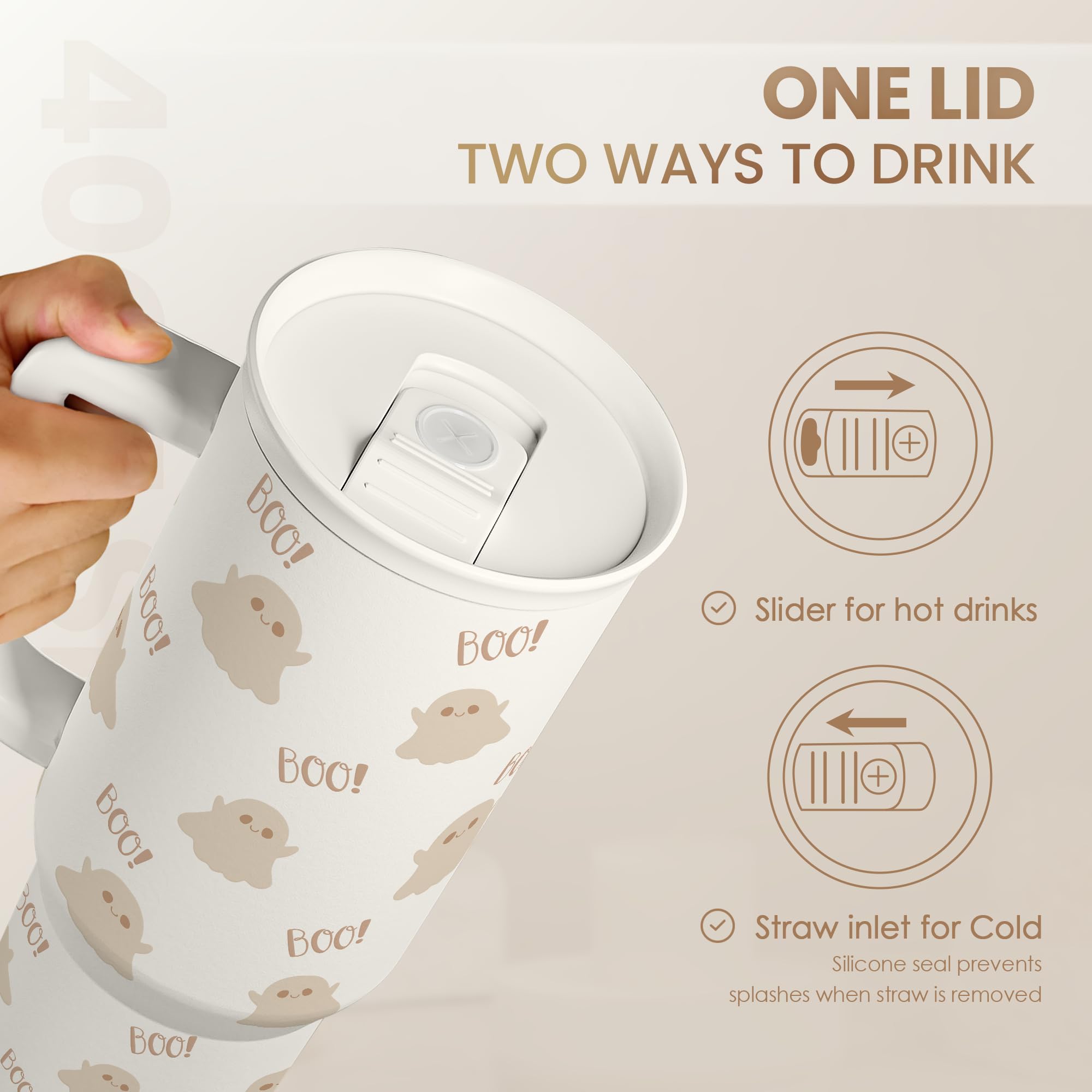 Boo Tumbler with Handle and Straw 40oz - Stainless Sleel Slider Tumbler Travel Coffee Mug for Women - Gift Idea for Fall Autumn