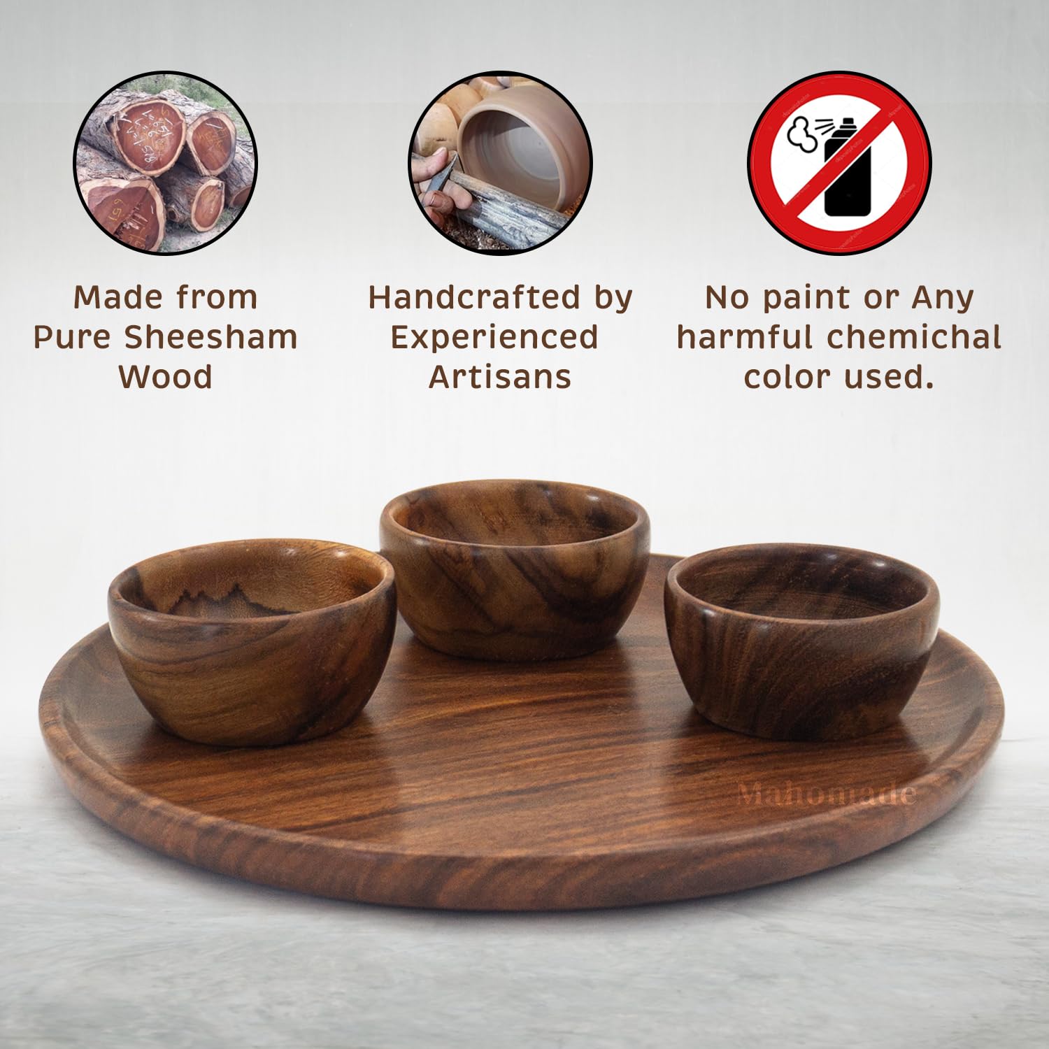Mahomade Wooden Thali Dining Set | Wooden Plate With Bowls | 10 Inches Plate, 3.5 Inches Bowl | Wooden Serving Dinner Set