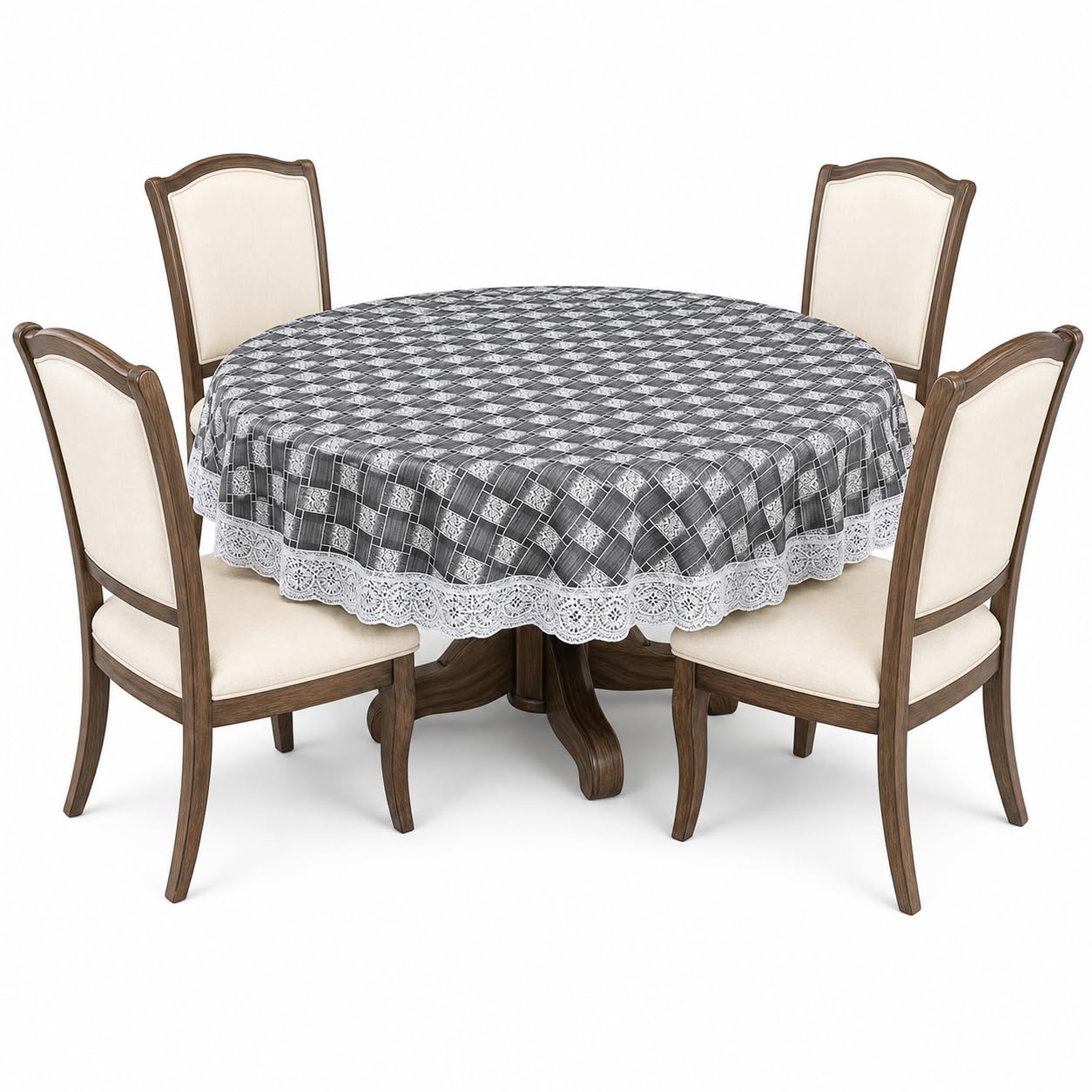 CASANEST 4 Seater Round Table Cover Grey Check Print 60 inches Diameter printed006