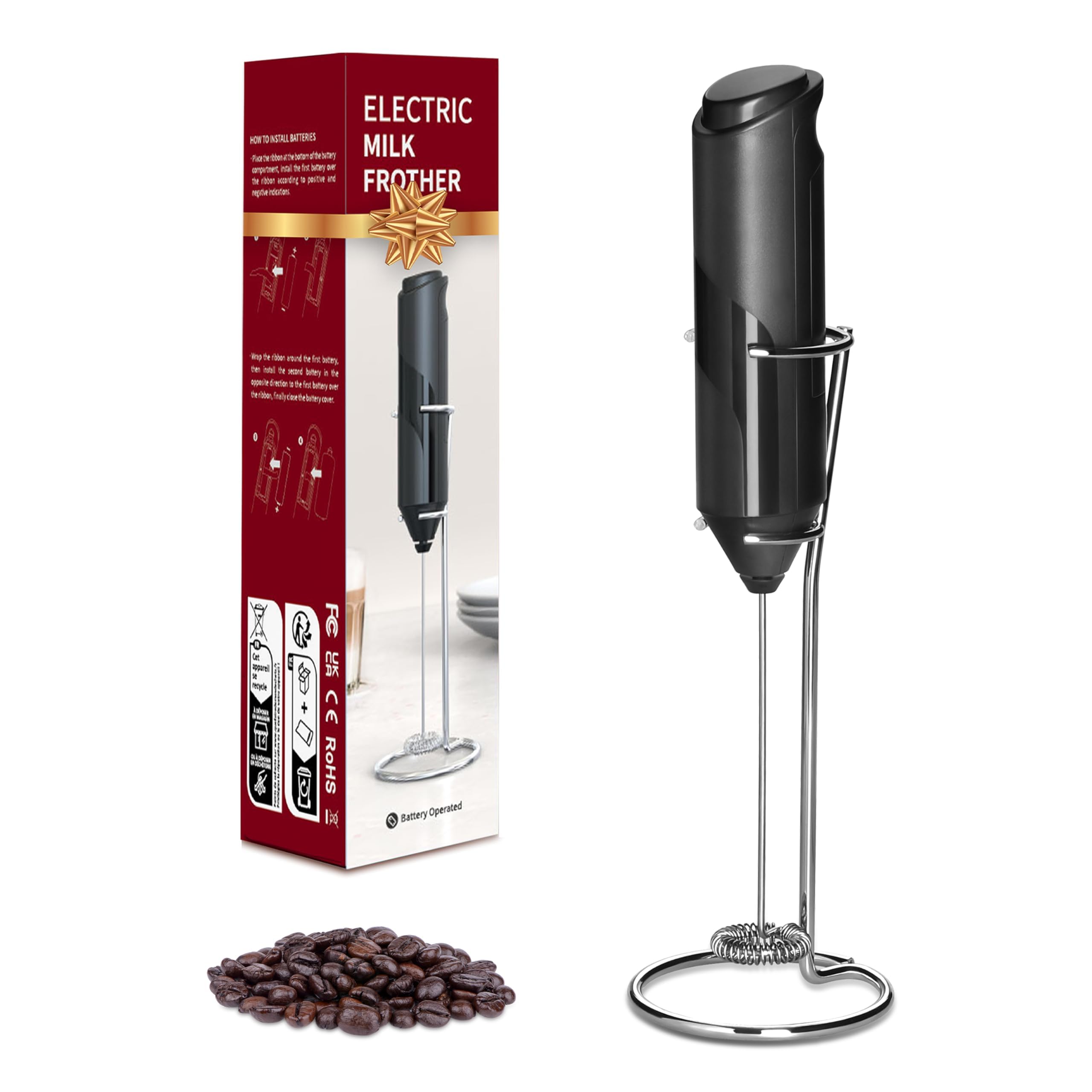 YSSOA Electric Milk Frother Handheld with Stainless Steel Stand Battery Operated Whisk Drink Mixer for Coffee, Latte, Matcha, Ho