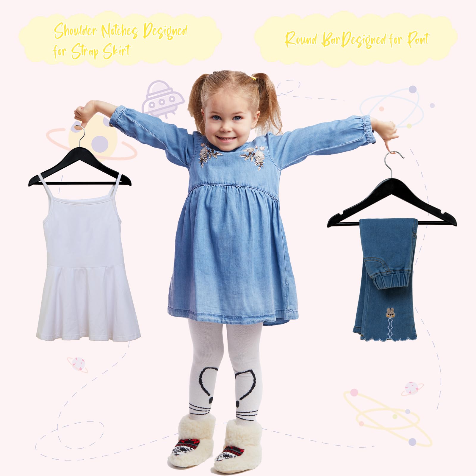 Fairyhaus Kids Wooden Hangers 20Pack Black, 12.8 Inch Baby Wooden Hangers For Closet, Anti-Rust 360 Swivel Hook, Notches & Smoot