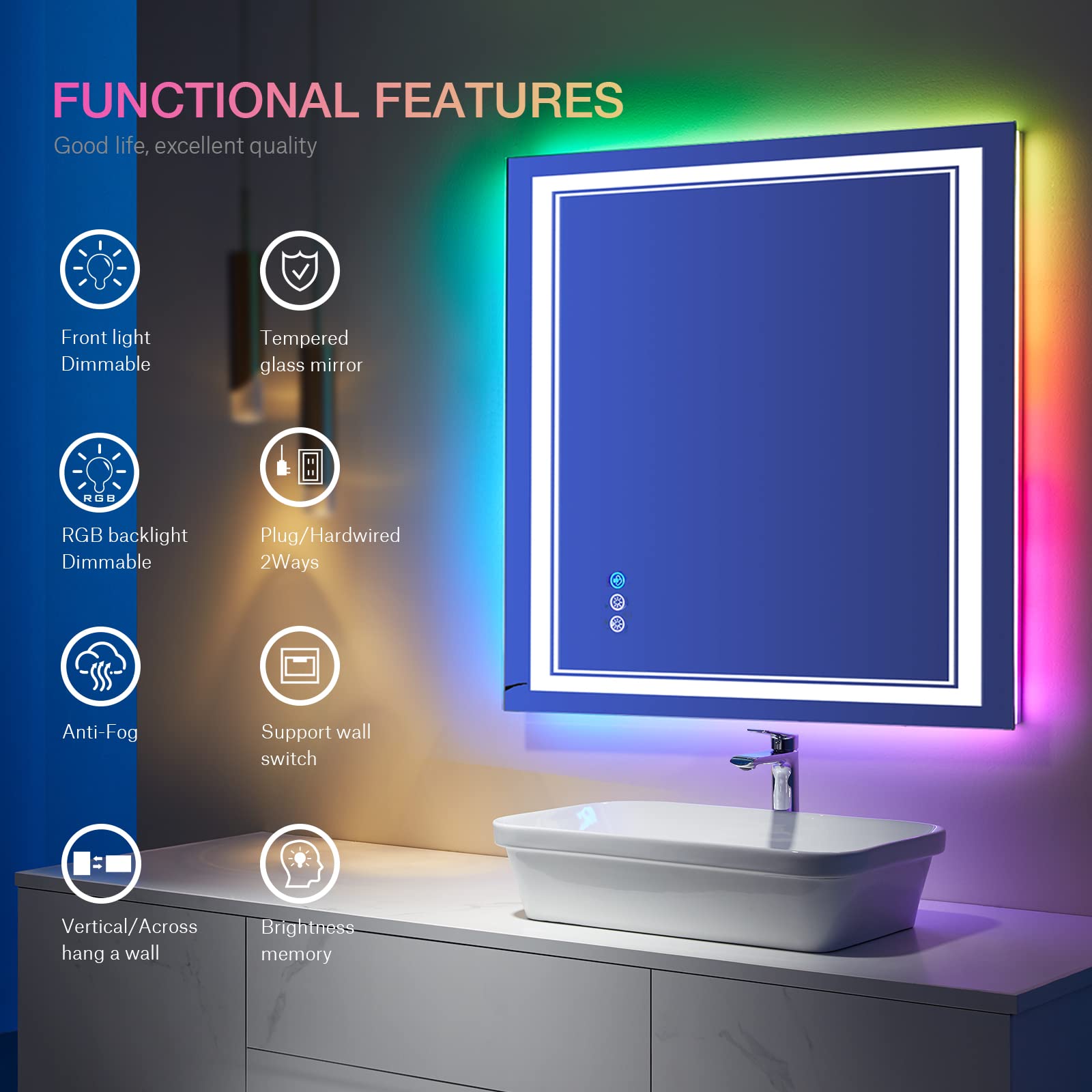 ISTRIPMF 36x36 inch Lighted Bathroom Mirror for Wall Front Lighted and RGB Backlit LED Bathroom Mirror with Lights Tempered Glass/Dimmable/Anti-Fog/Square Mirror