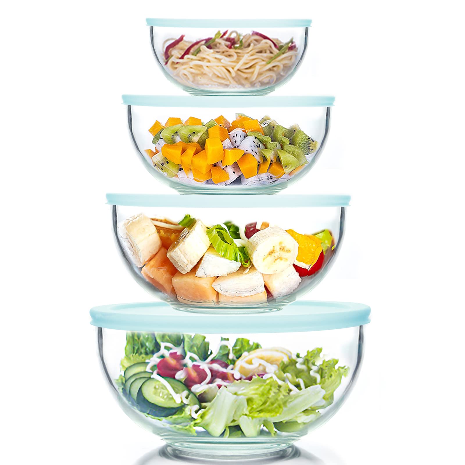 Whiterhino 8 Piece Glass Bowls With Lids, Heat Resistant Glass Mixing Bowls Set (3.7Qt, 2.1Qt, 1.1Qt, 0.53Qt), Clear Salad Bowls