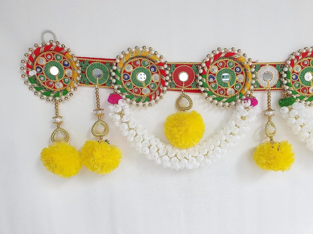 Divyakosh Toran/Bandanwar for Home Decoration and Office, Round Embroidery Work and Pom Pom Mogra Flower Toran Traditional Decor