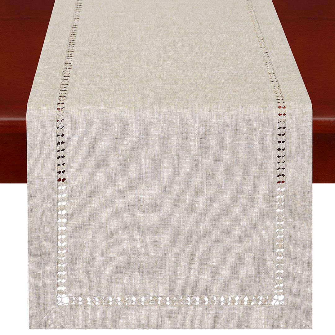 Grelucgo Handmade Hemstitched Polyester Rectangle Table Runners Dresser Scarves, Beige 14X60 Inch