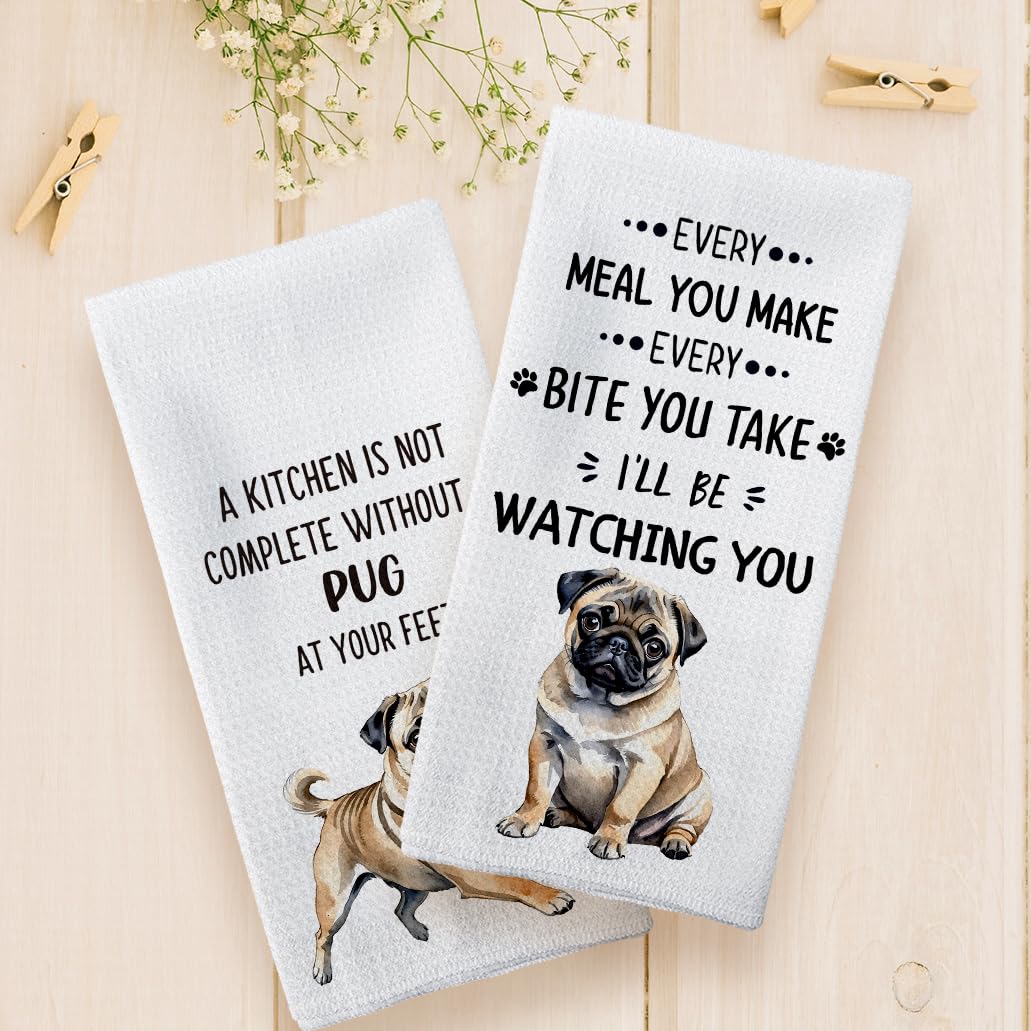 Tzhim Pug Gifts Kitchen Towels Set Of 2, Pug Gifts For Pug Lovers Women, Pug Mom Gifts, Pug Decor Hand Towels, Pug Dog Dish Towe