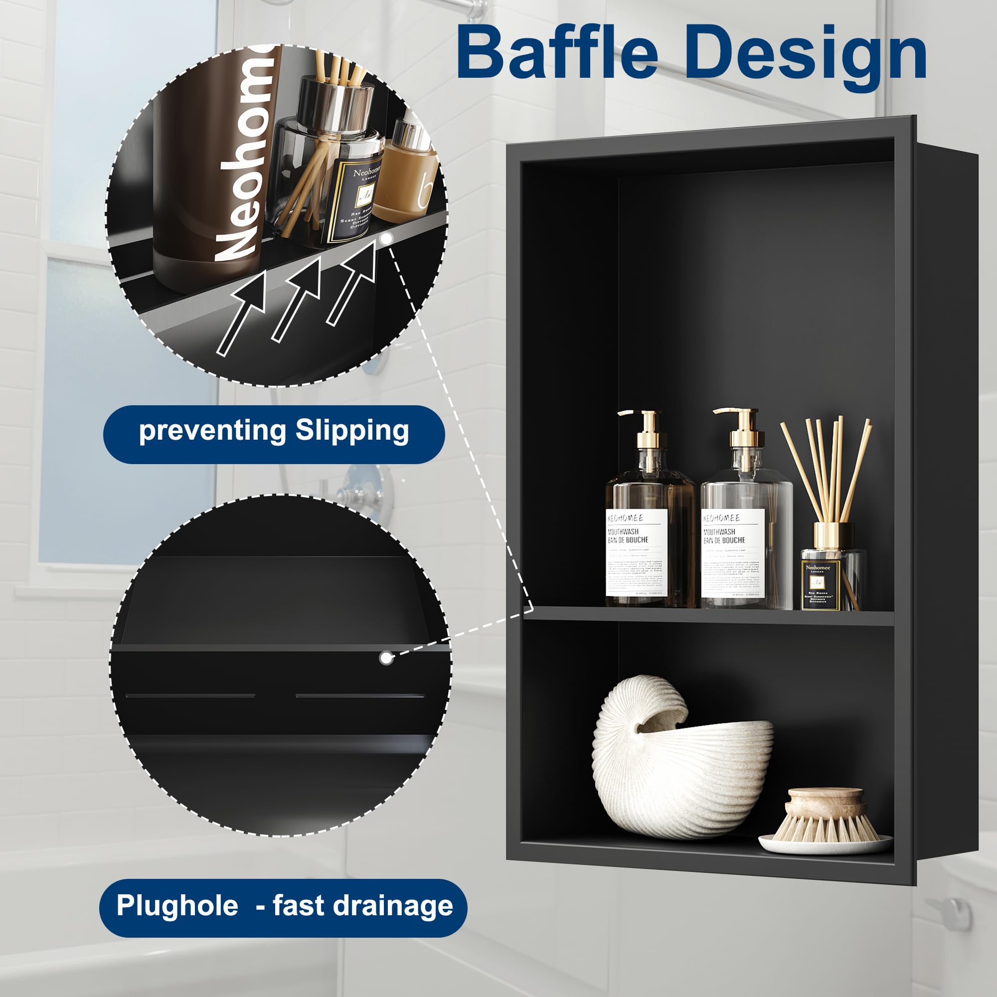 Neodrain 12X18 Inch Matte Black Double Shelf Stainless Steel Shower Niche, No Tile Needed Bathroom Niche, Two Layer Recessed Bui