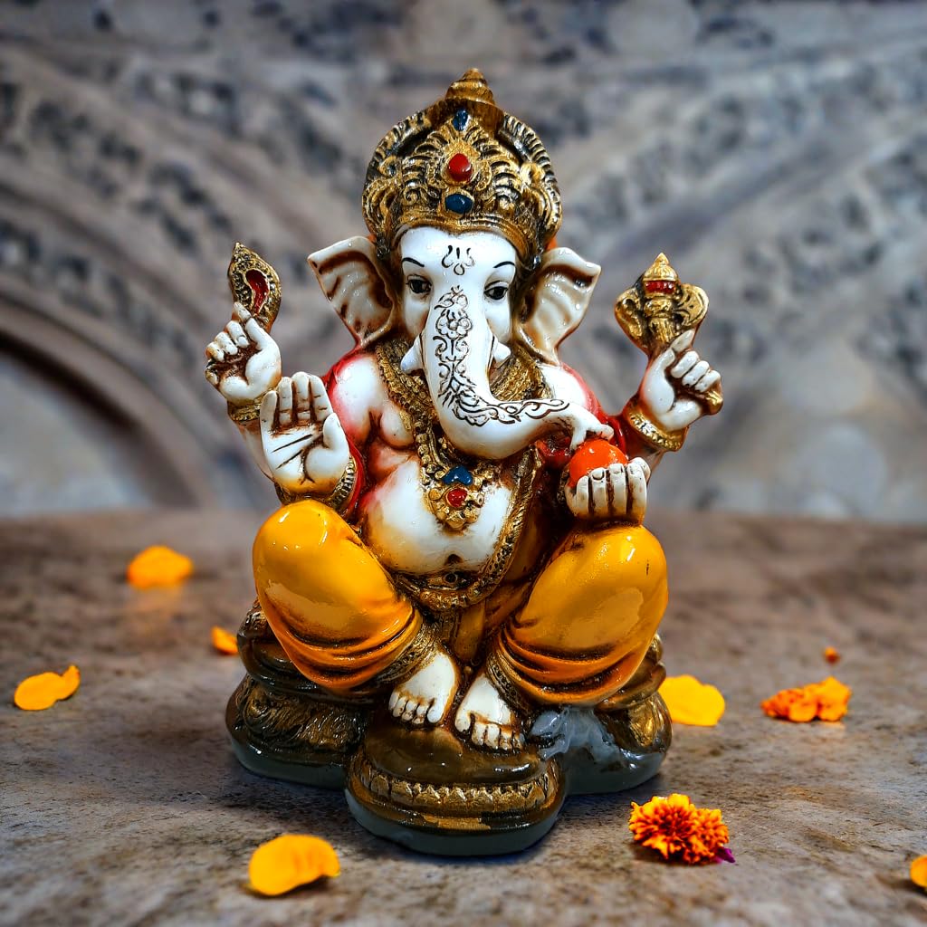 Kraaftique Marble Lord Ganesha Idol With Golden Mukut Ganesh Ji Murti Ganesh Showpiece For Home Decor,Study Table,Office Ganesha