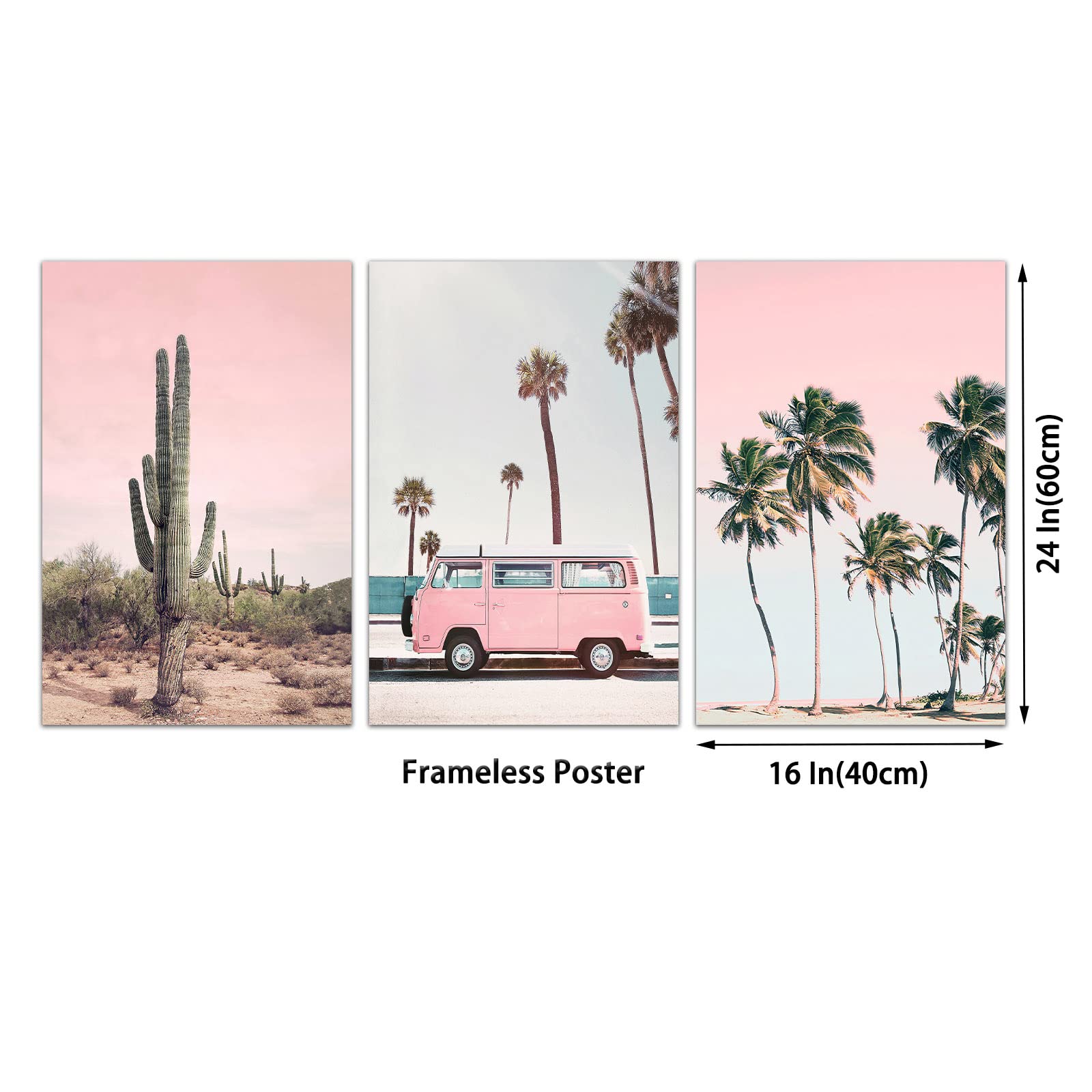 Backymrart Pink Landscape Art Car Wall Decor Beach Palm Tree Canvas Retro Poster And Sunset Scenery Bus Home 16X24Inx3 Frameless