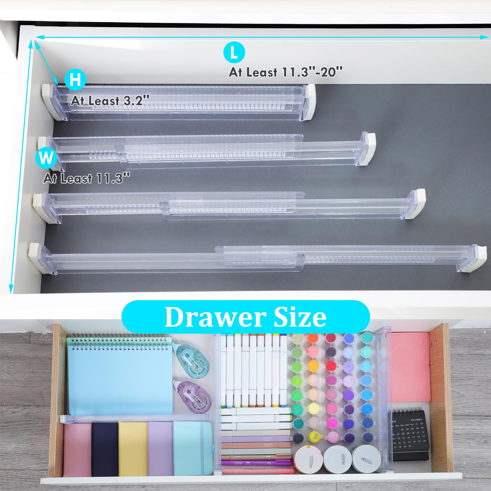 Drawer Dividers, 12 Pack Adjustable Drawer Organizers 3.2'' High Expandable from 11.3-20'' Clear Expandable Dresser Organizer fo