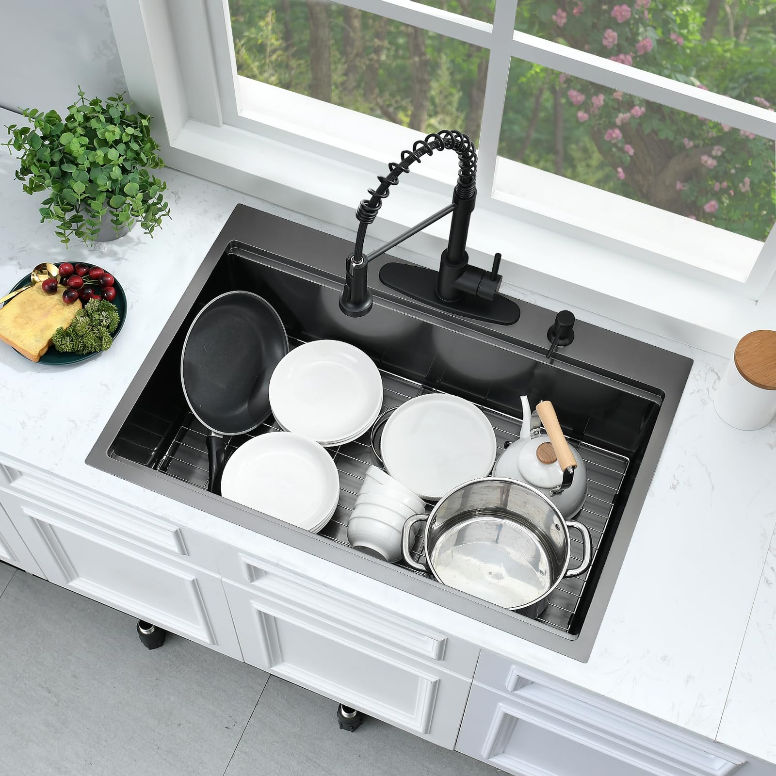 33 Inch Black Kitchen Sink Drop In Workstation-Bokaiya 33x22 Single Bowl Drop In Kitchen Sink Top Mount Workstation Sink 16 Gauge Deep Black Stainless Steel Kitchen Sink with Cutting Board