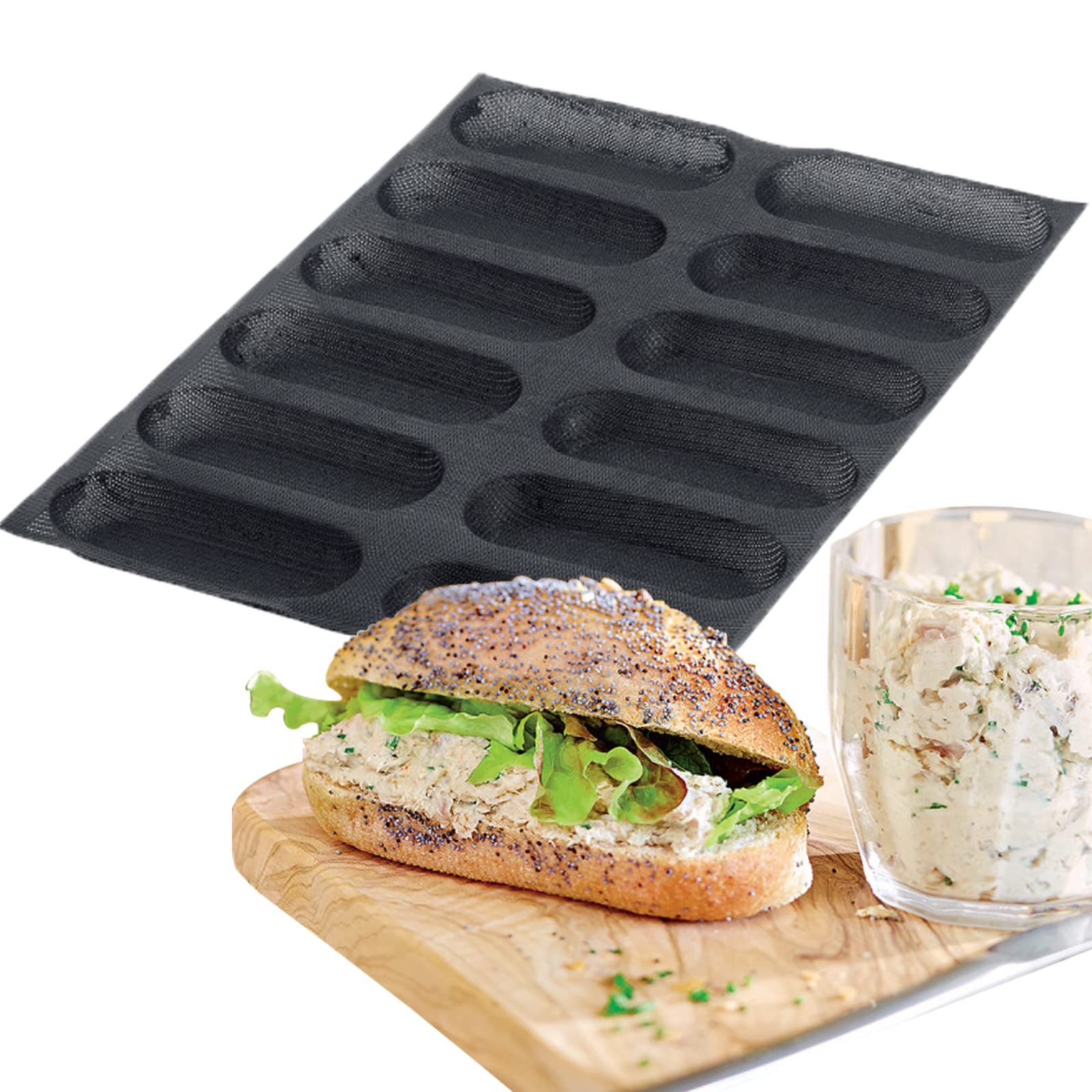 FETESUR Silicone Perforated Bread Mold for Baking, 12 Individual Oblong Baking Forms, Hot Dog Bun Mold, Silicone Molds for Makin